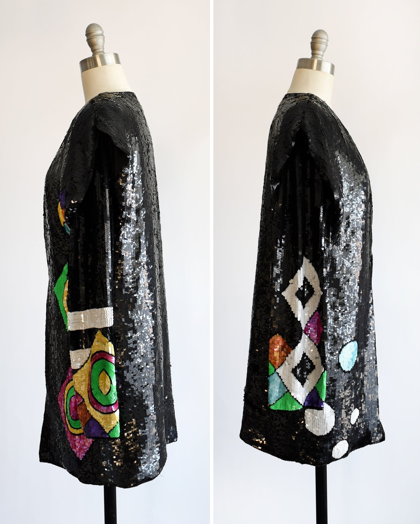 side by side front view of a vintage 1980s 1990s black sequin cardigan jacket with colorful abstract patterns on a mannequin against a white background