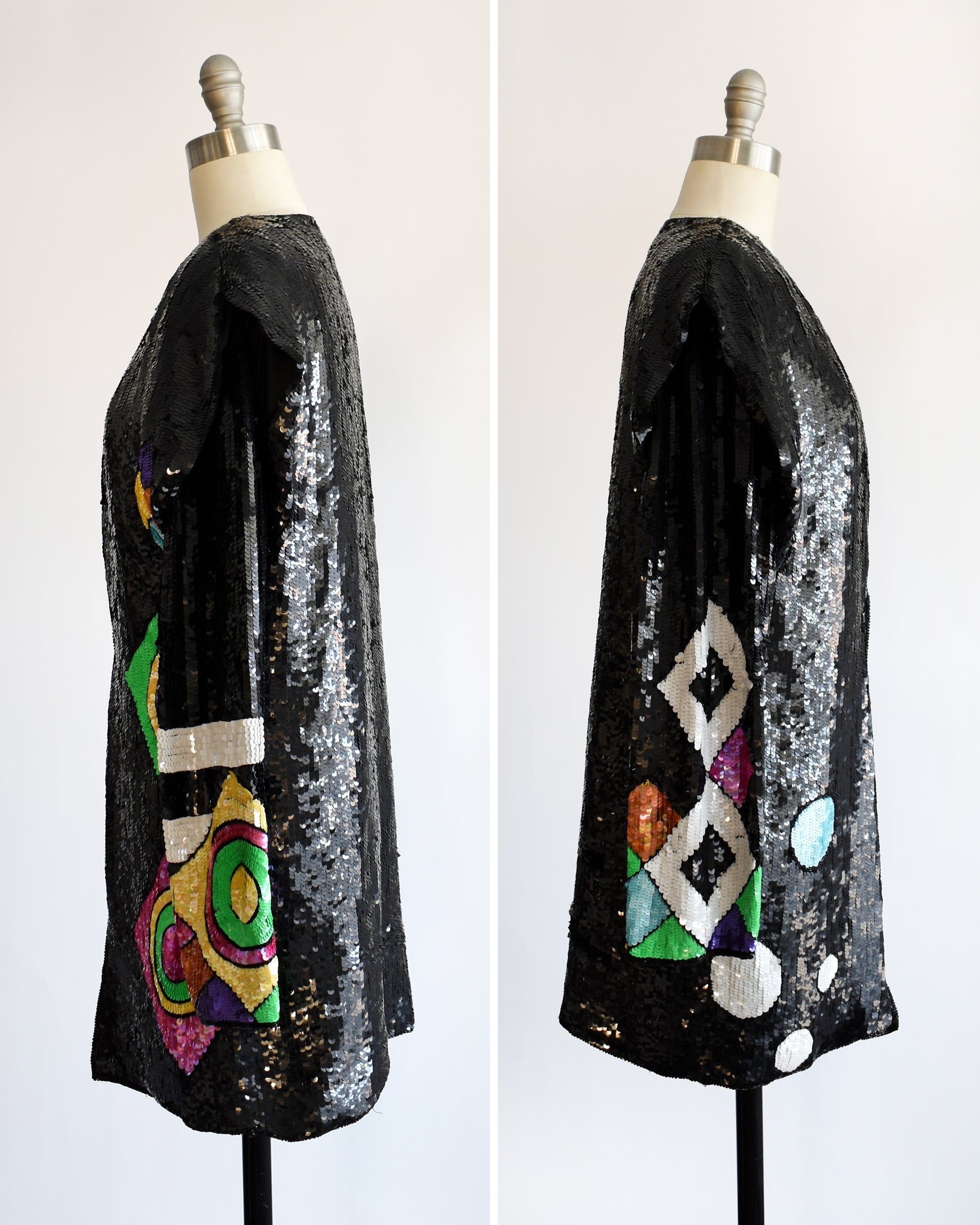 side by side front view of a vintage 1980s 1990s black sequin cardigan jacket with colorful abstract patterns on a mannequin against a white background