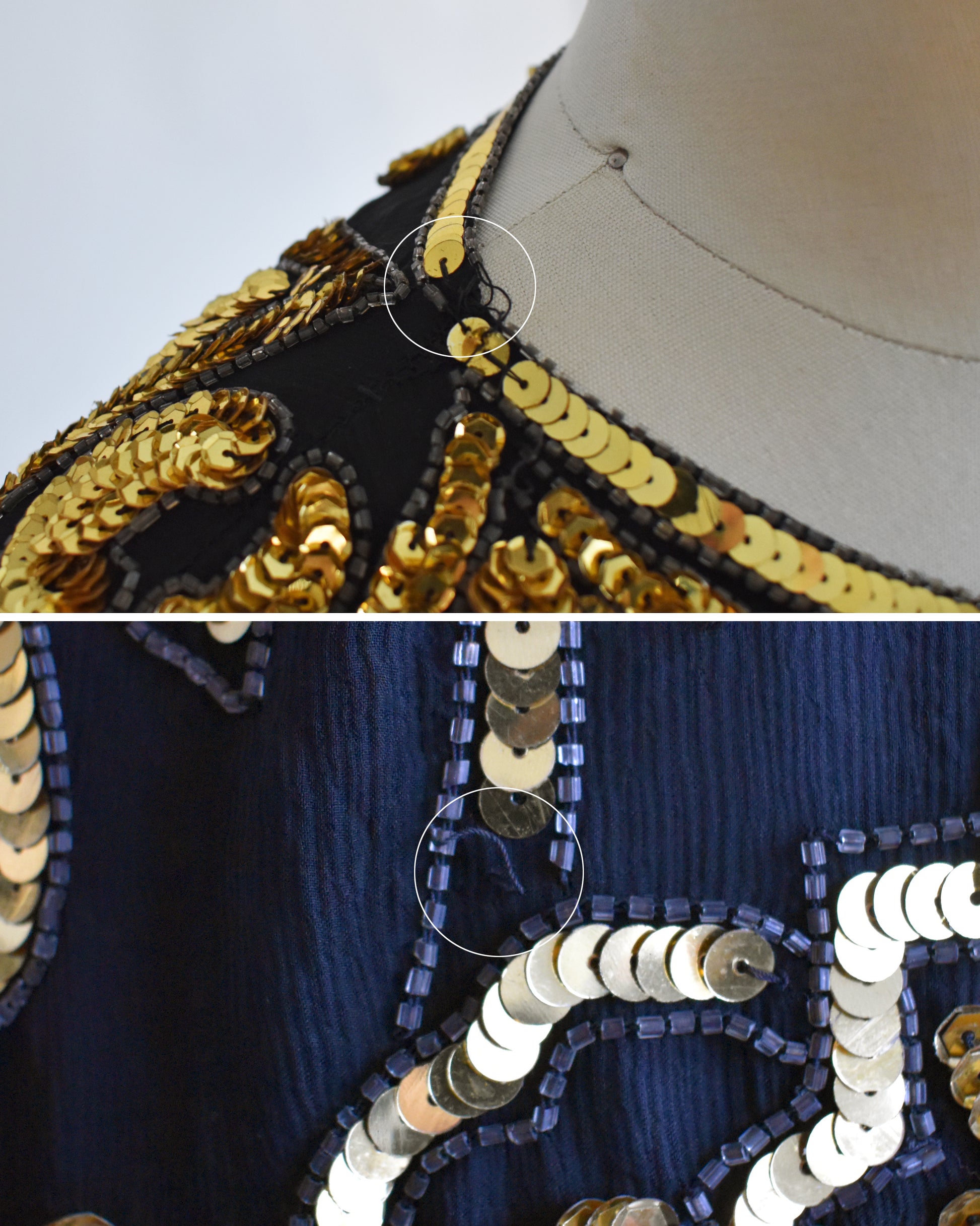 side by side views of small flaws which show missing beads and a sequin