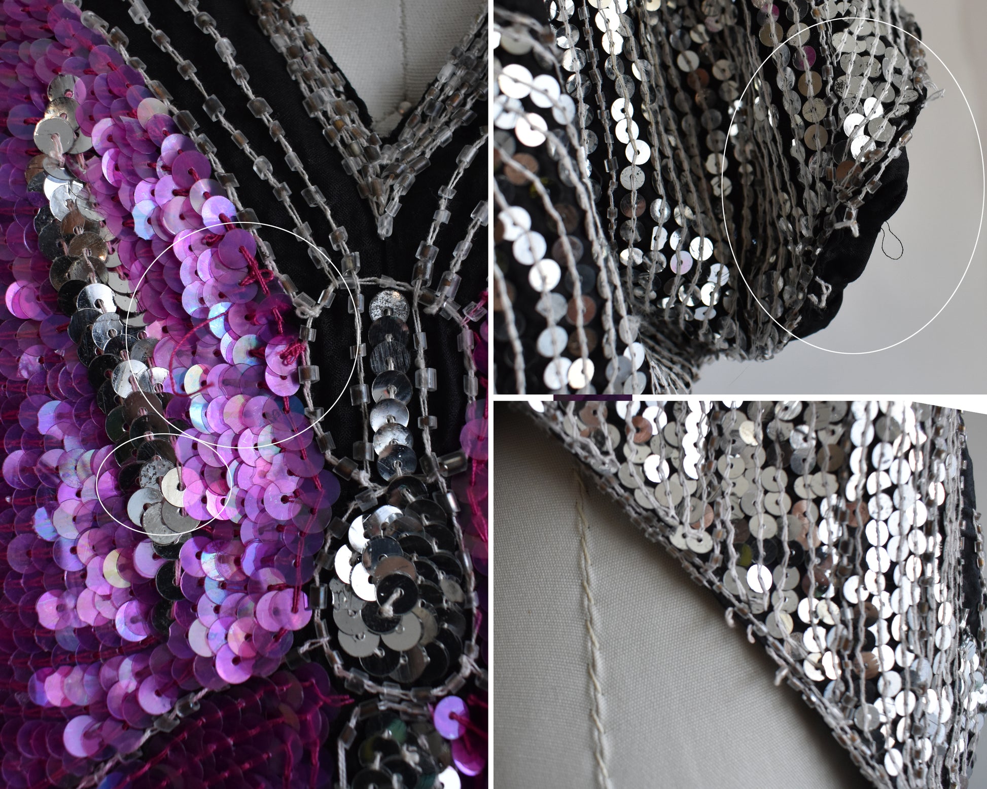 a photo collage of small flaws which show some loose threads and missing beads