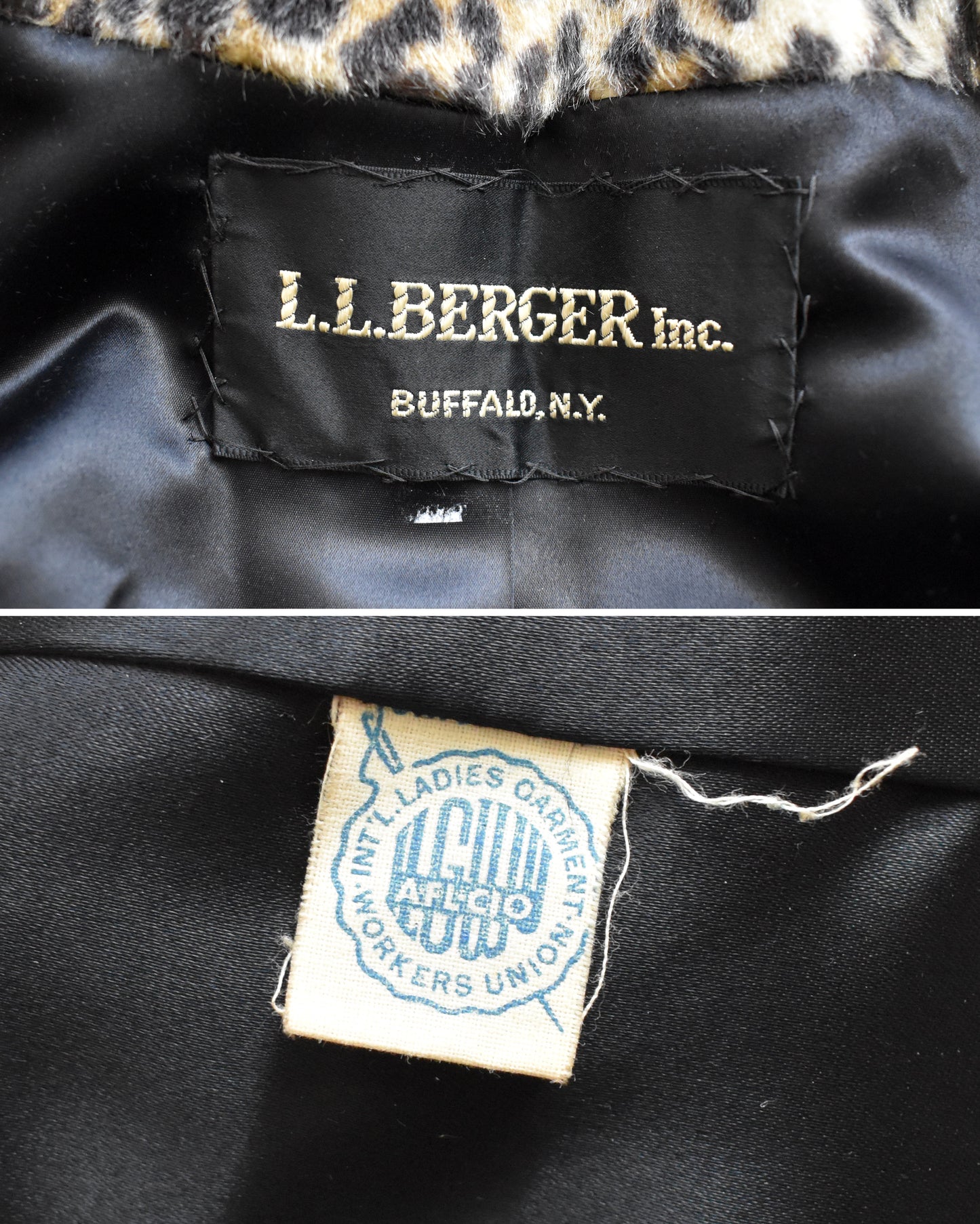 Close up of the tag which says L.L. Berger Inc, Buffalo, NY and close up of a 1955-1963 ILGWU tag