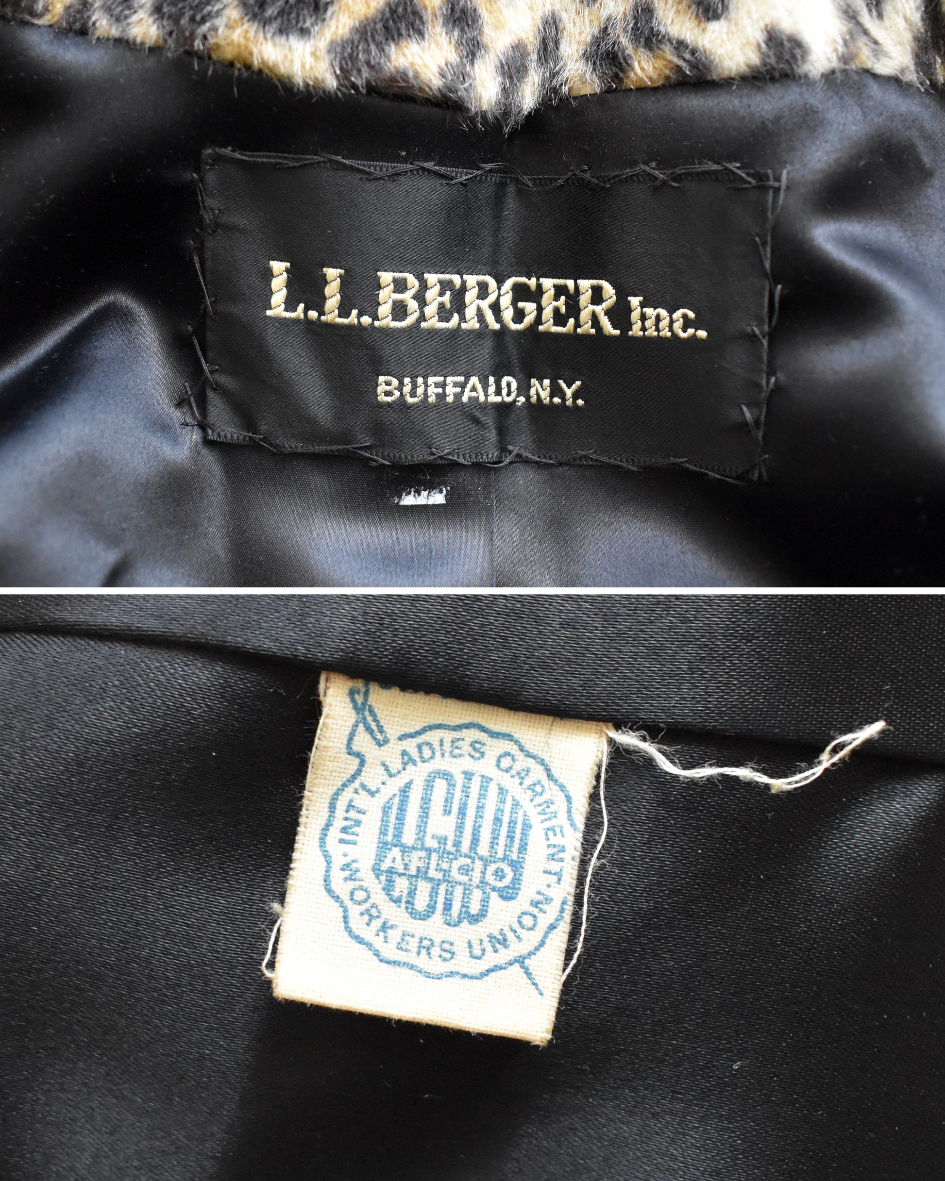 Close up of the tag which says L.L. Berger Inc, Buffalo, NY and close up of a 1955-1963 ILGWU tag