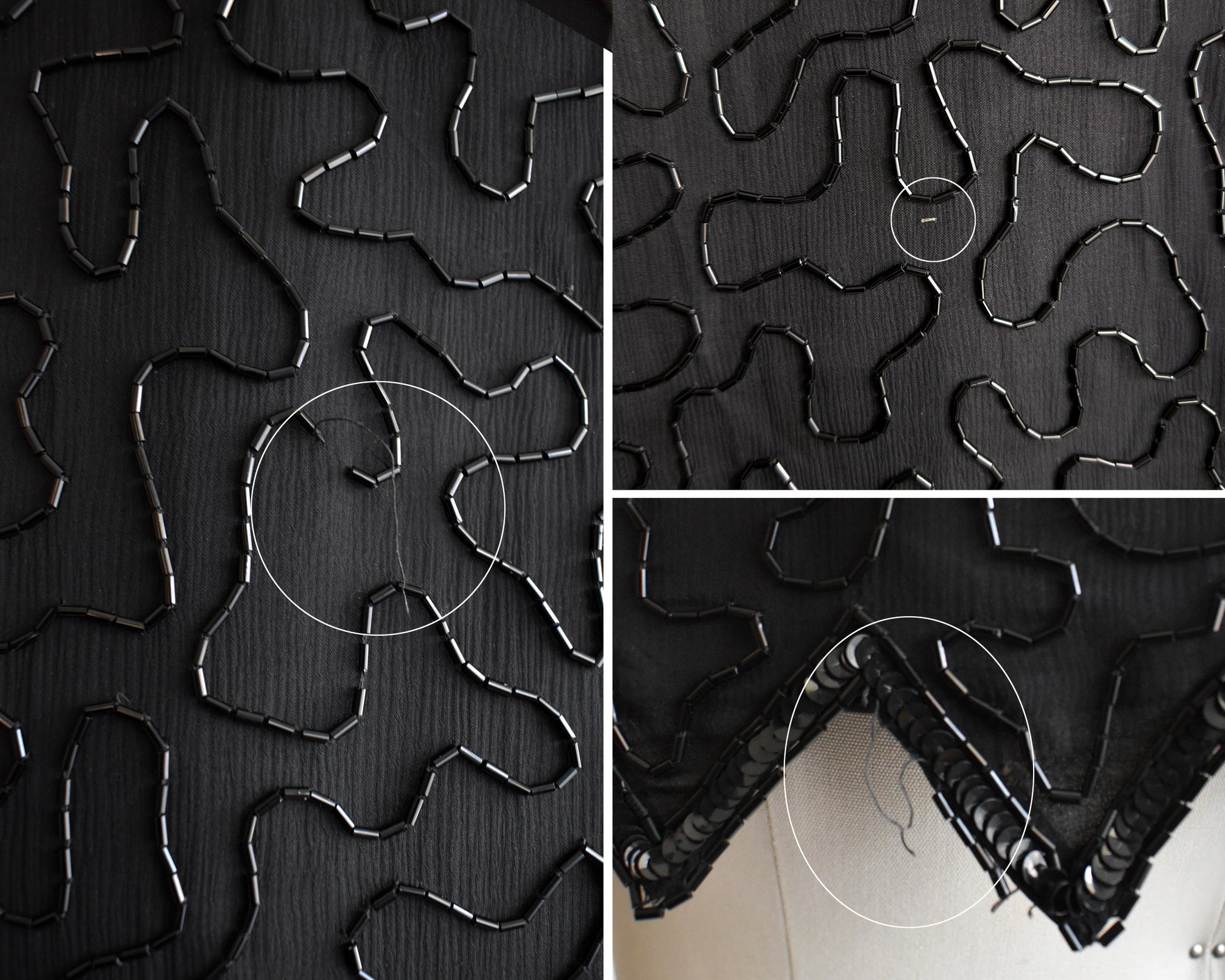 a collage of photos that show small flaws including missing beads and a white spot