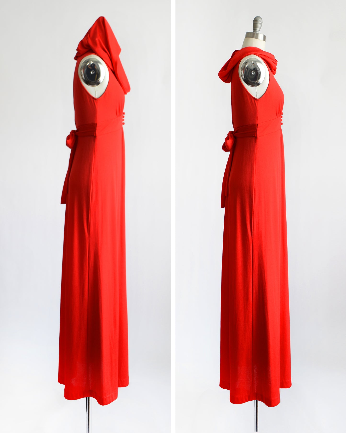 A bright red sleeveless maxi dress with a draped hood and waist tie, displayed on a mannequin from two angles against a white background.