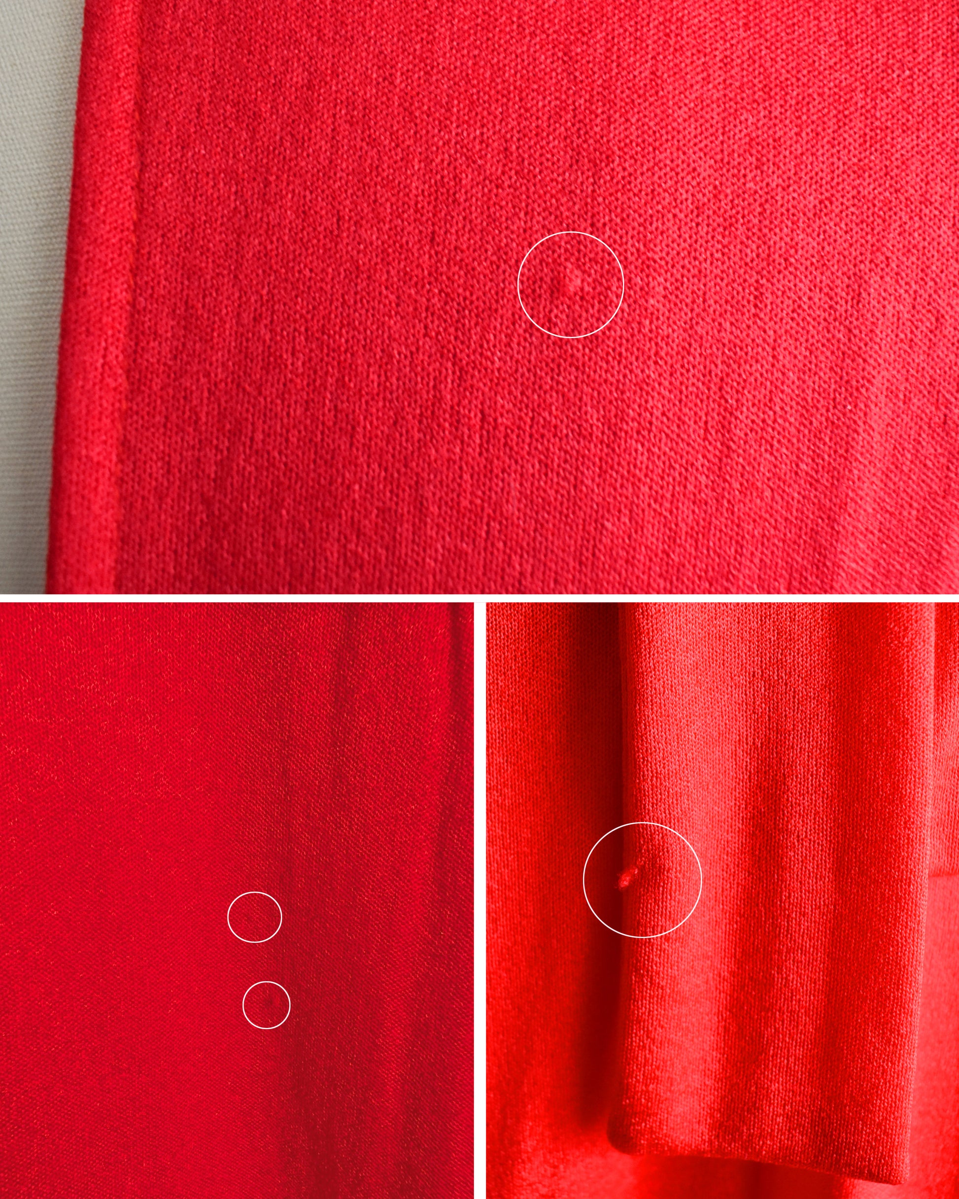 a collage showing small pulls circled on the dress