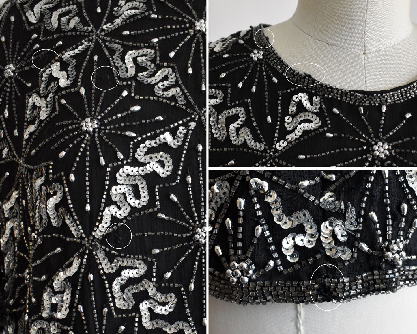 a photo collage showing small flaws which included missing sequins, beads, and some small fabric fraying.