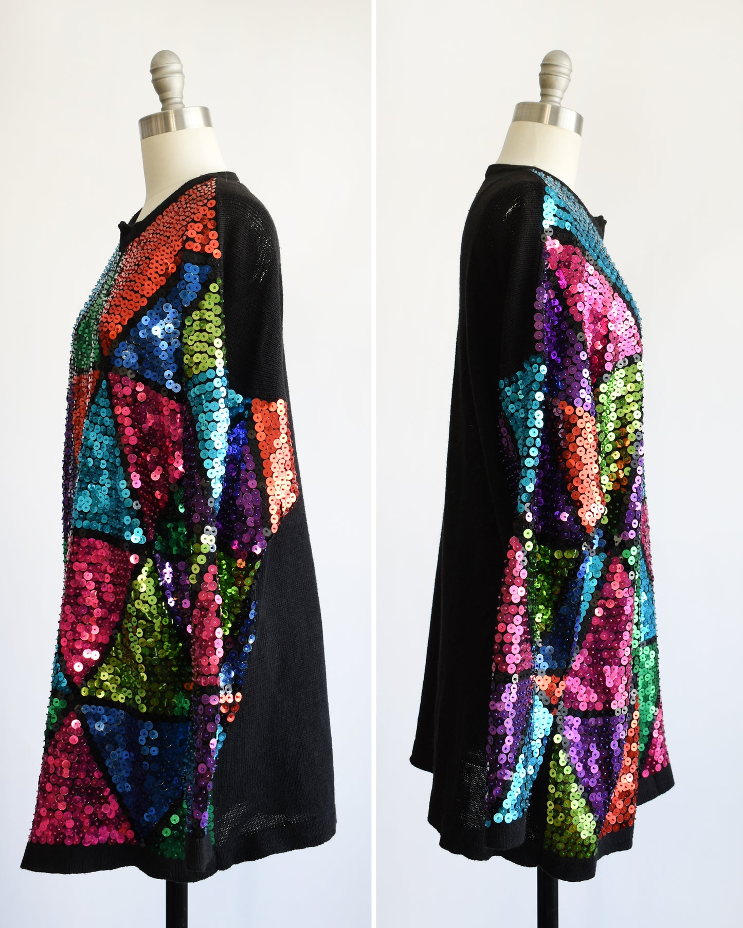 side by side views of a vintage 80s colorful sequin dress on a mannequin against a white background