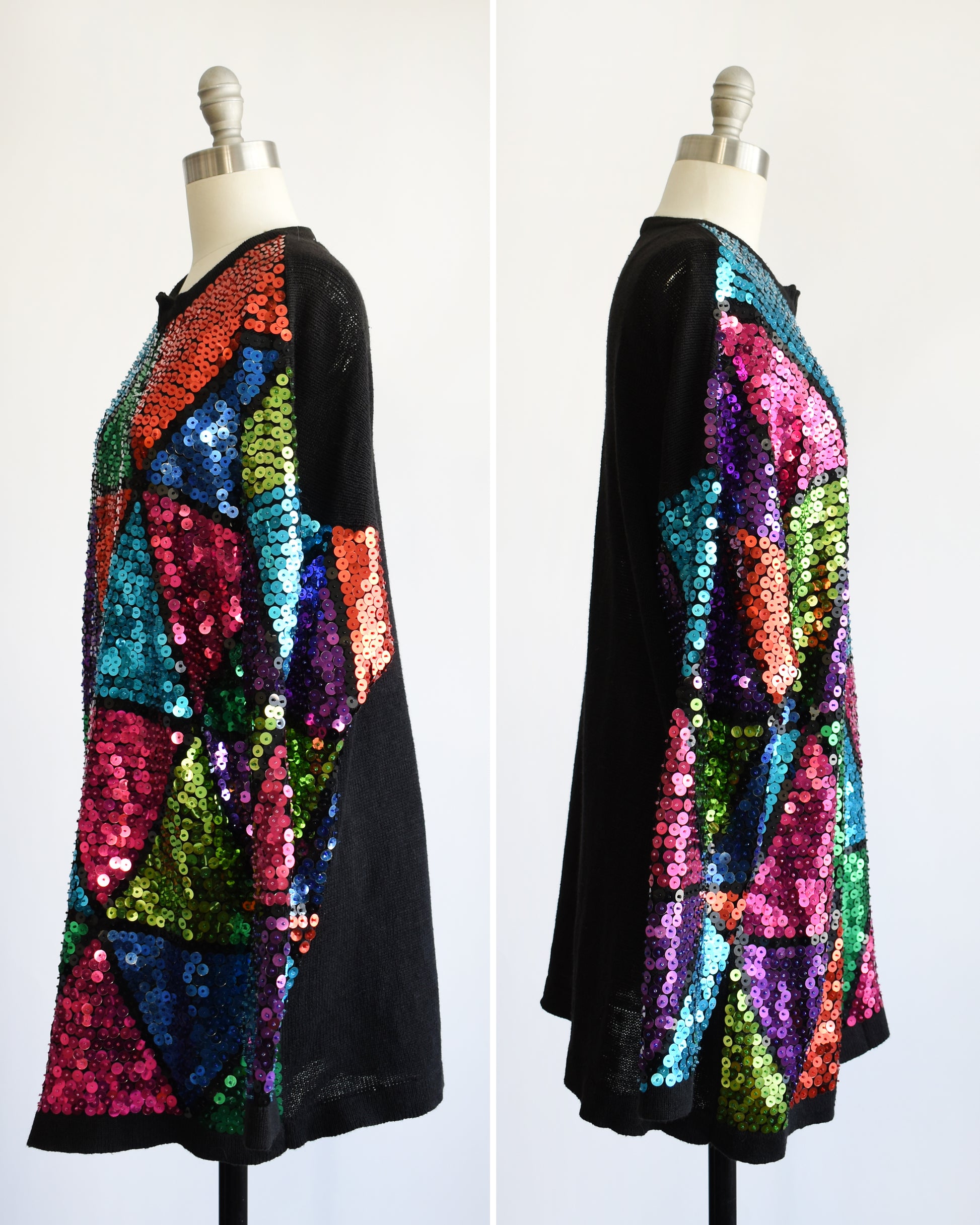 side by side views of a vintage 80s colorful sequin dress on a mannequin against a white background
