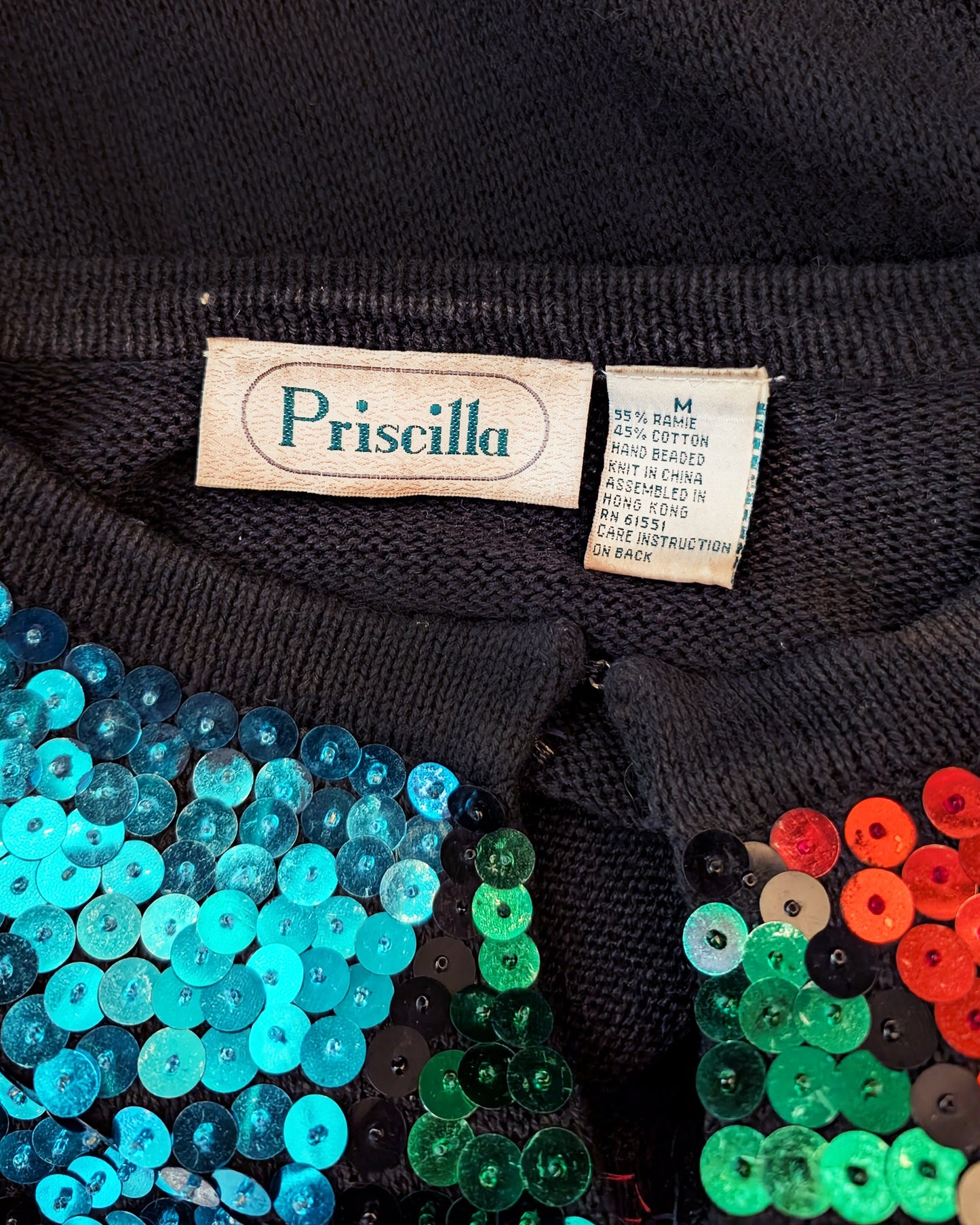 Close-up of the 'Priscilla' label.