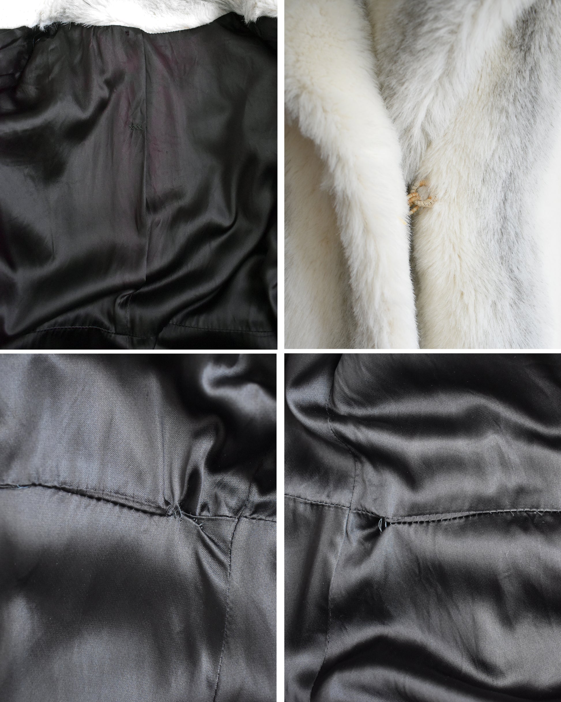 A photo collage that shows some of the small flaws. Top left shows some discoloration to the lining, top right shows the spotted closure, bottom right and left shows some mending to the lining