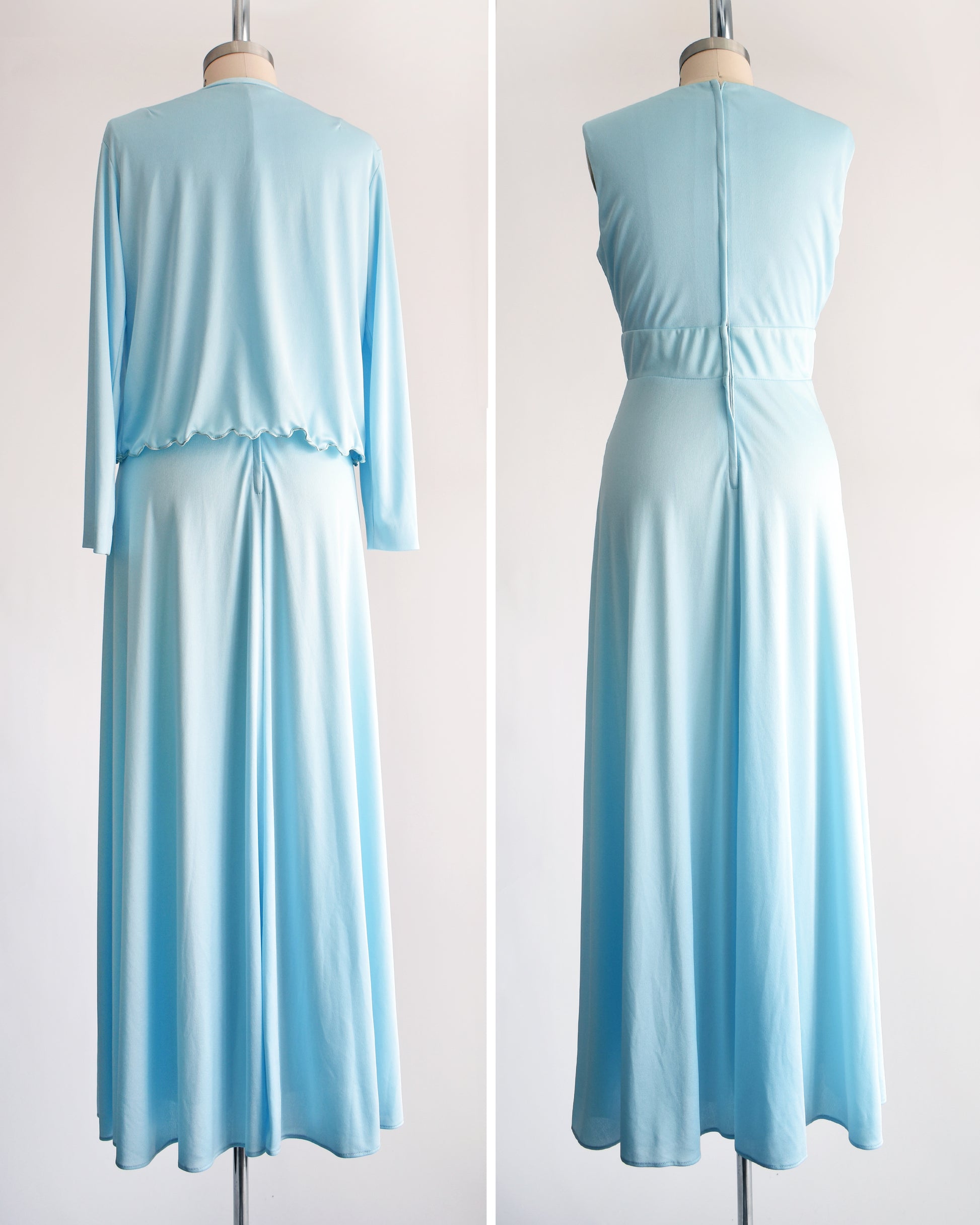 side by side views of a vintage 70s light blue maxi dress with  matching jacket on a dress form. the jacket is off in the right photo