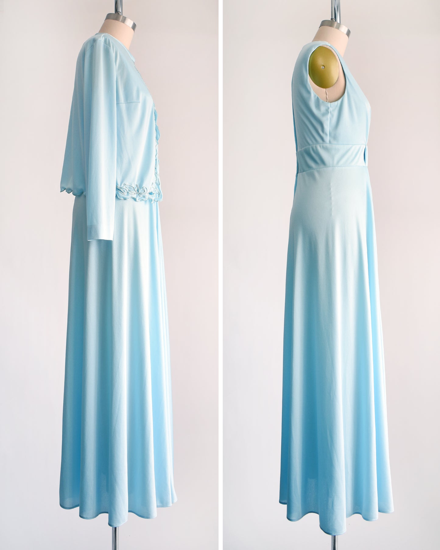 side by side view of a vintage 70s light blue maxi dress with  matching jacket on a dress form. the jacket is off on in the right photo