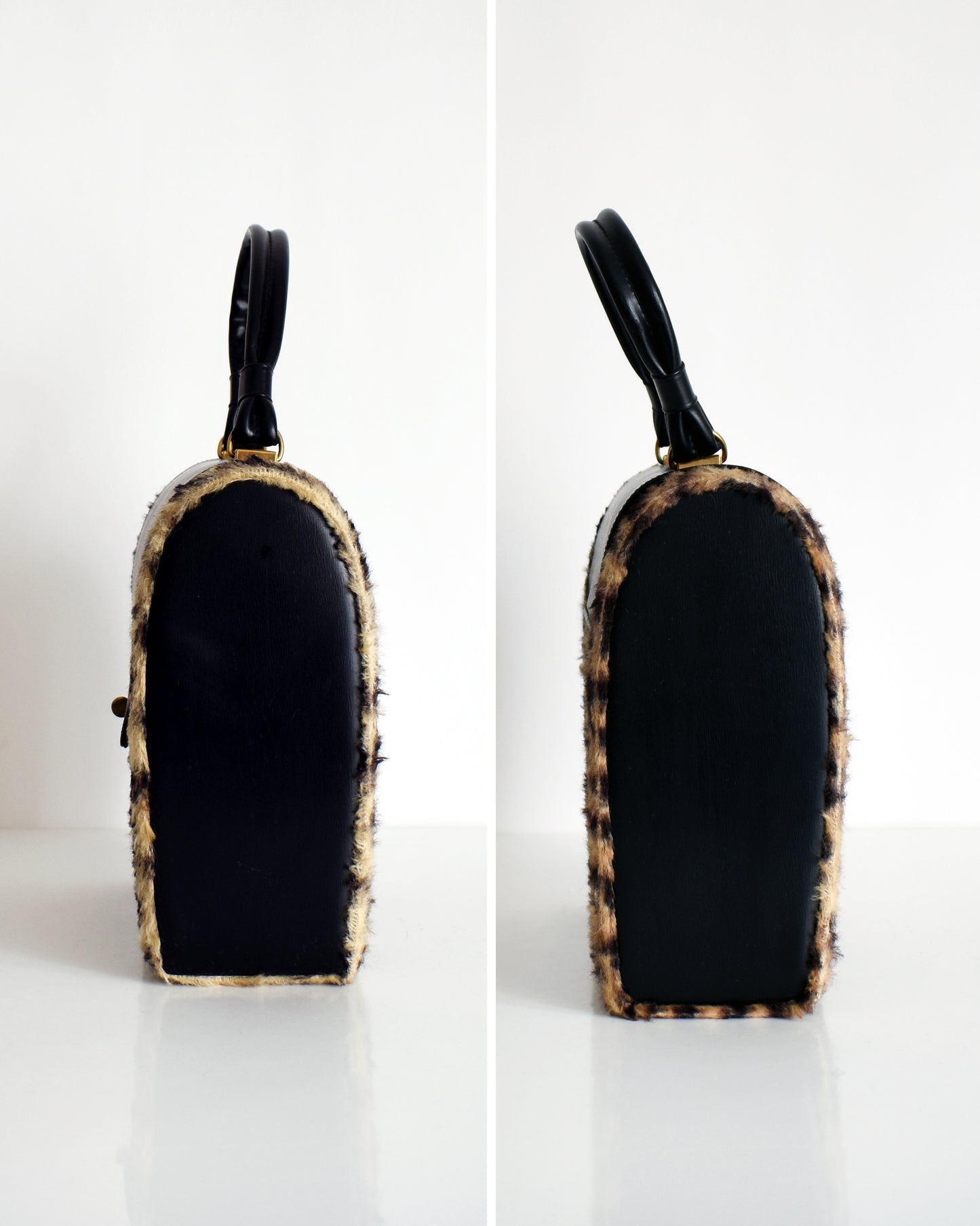 side by side of the side of a a vintage 1950s faux leopard print purse with black faux leather sides