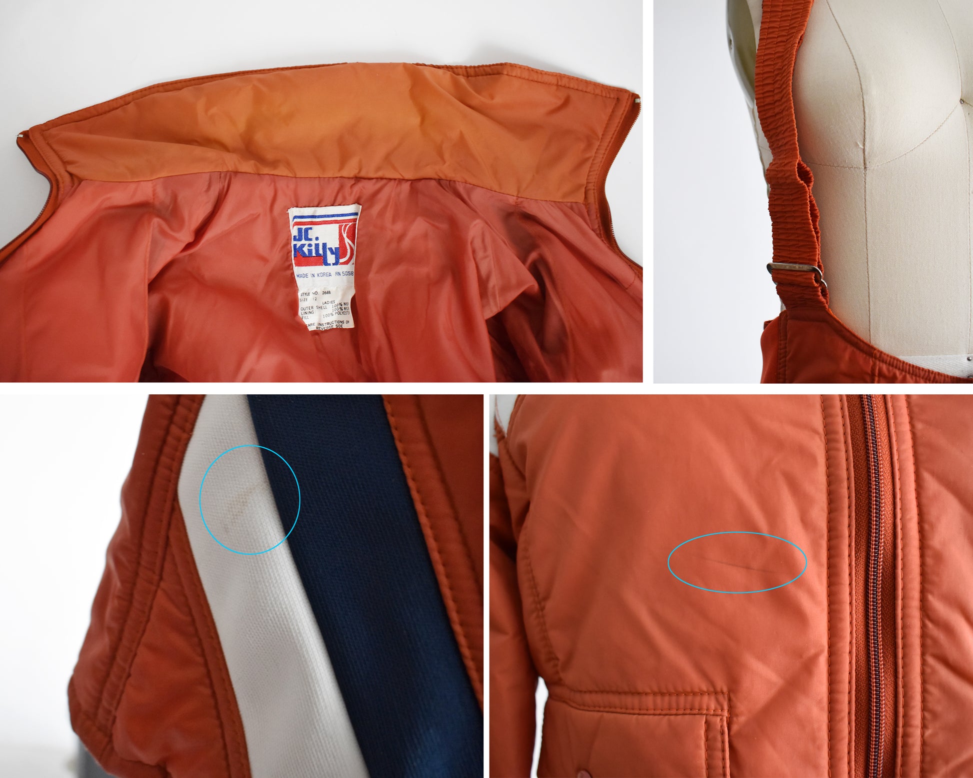 a collage showing small flaws like the lighter color of the inside collar of the coat, and small marks on the coat and pants