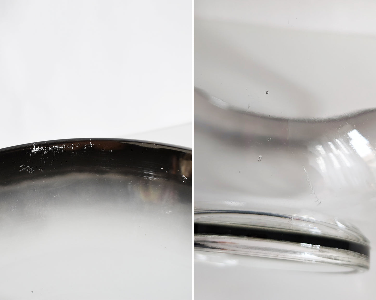 a photo collage showing small flaws which show some silver spots missing on the punch bowl, along with some bubbles in the glass.