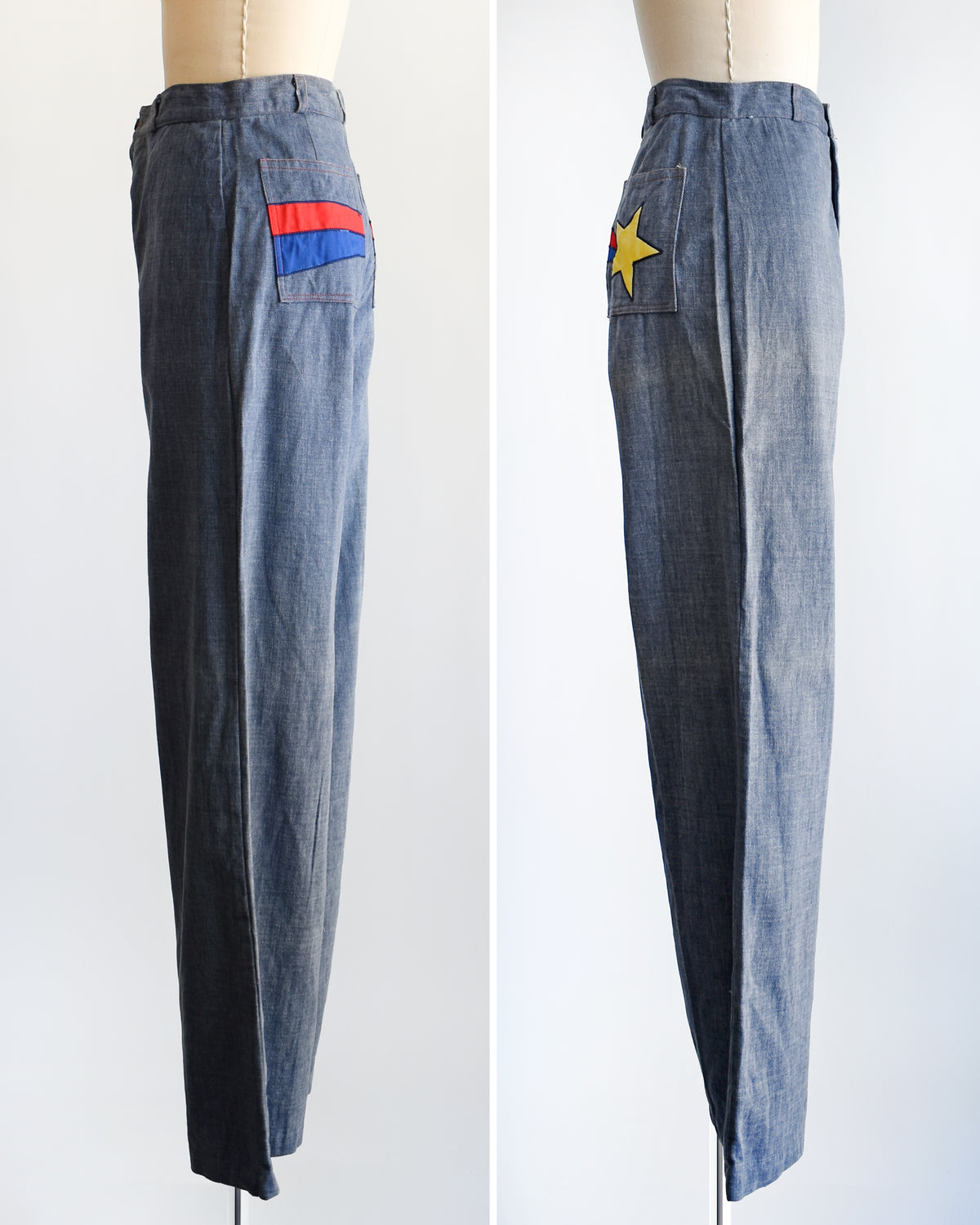A pair of wide-leg denim pants displayed on a mannequin from the back, showing two views side by side. The left view shows a back pocket with red and blue stripes, and the right view shows a back pocket with a yellow star.