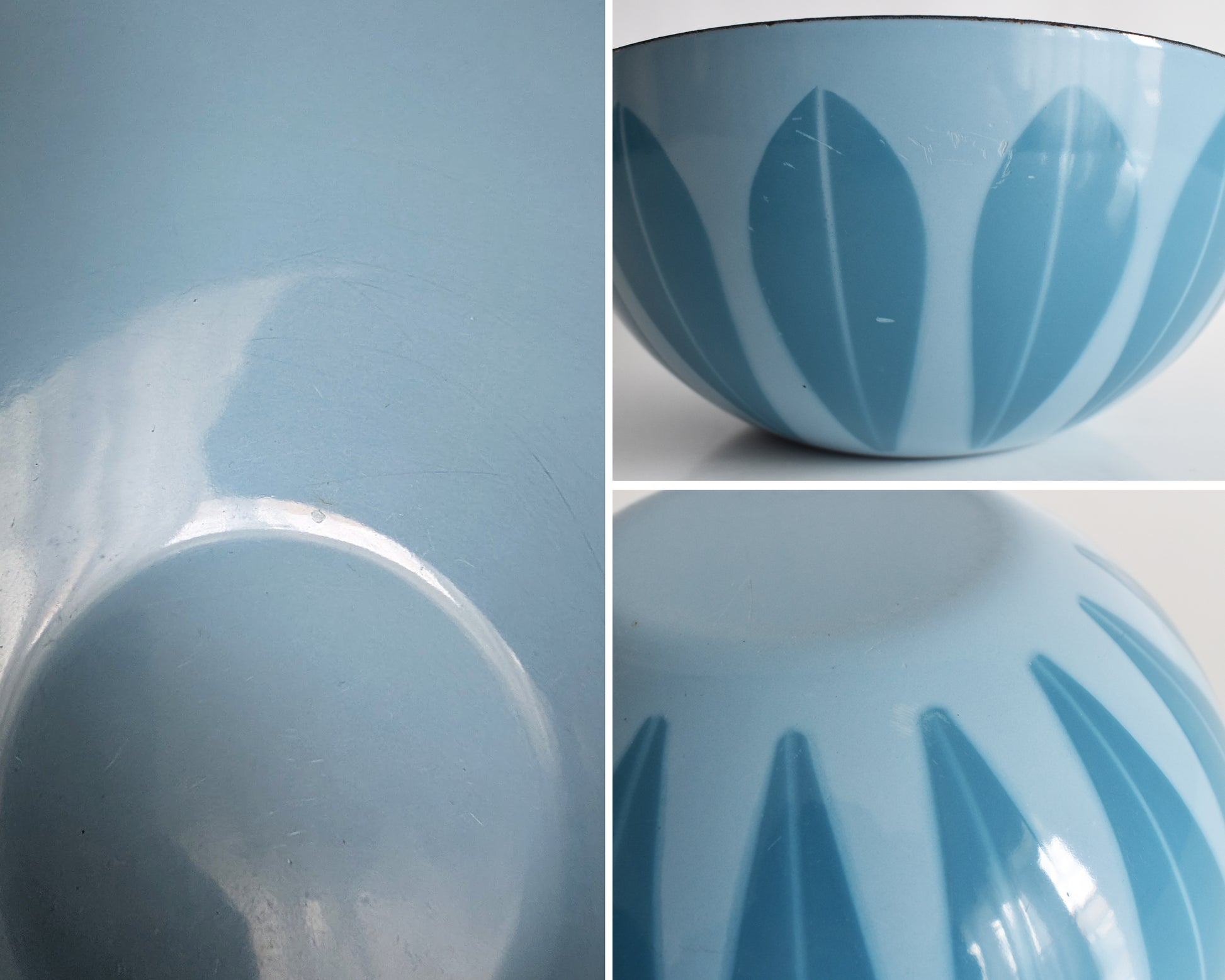a collage of a a vintage 1960s Cathrineholm lotus bowl which shows small flaws like surface scratches