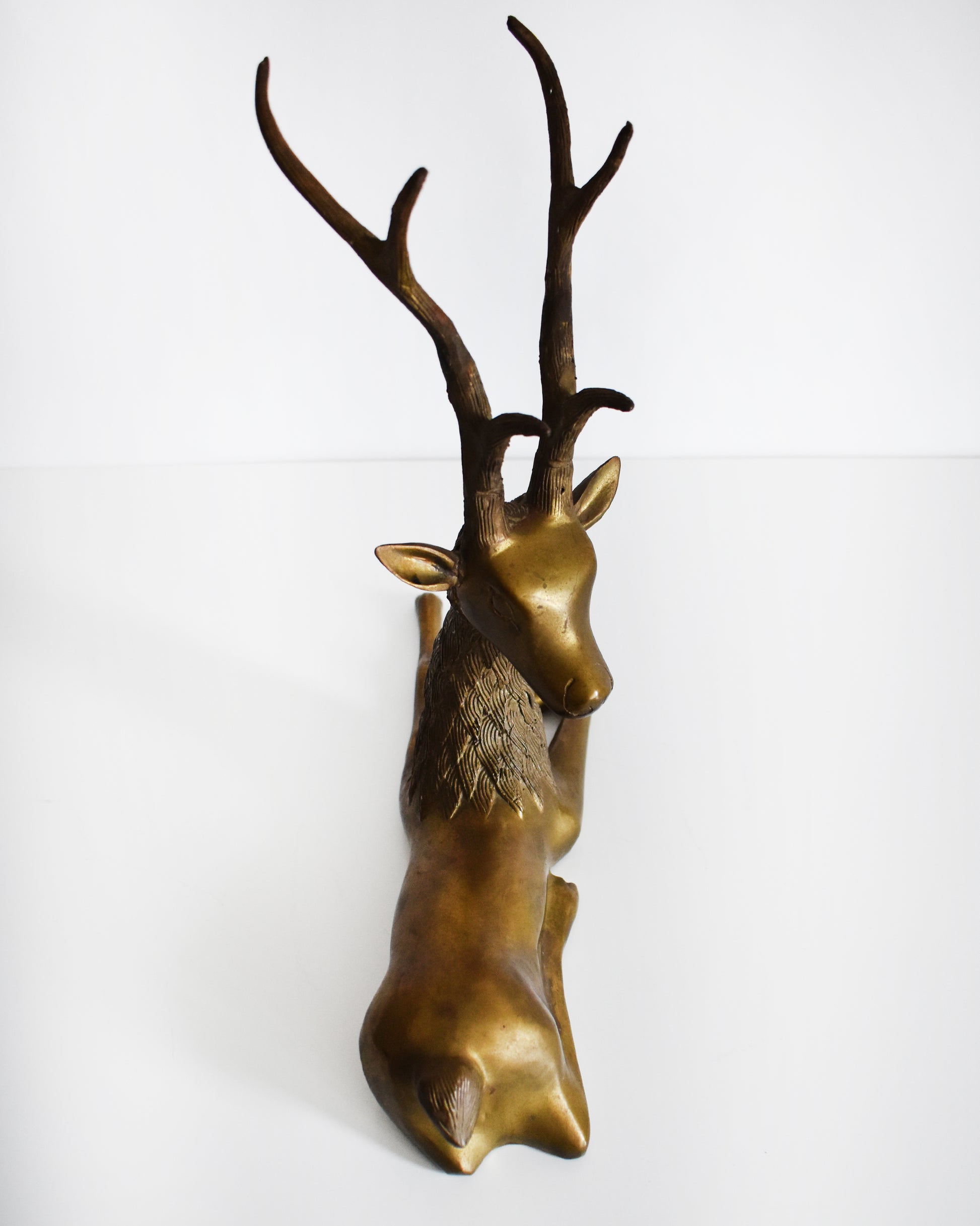 overhead view of a vintage brass deer figurine on a white background