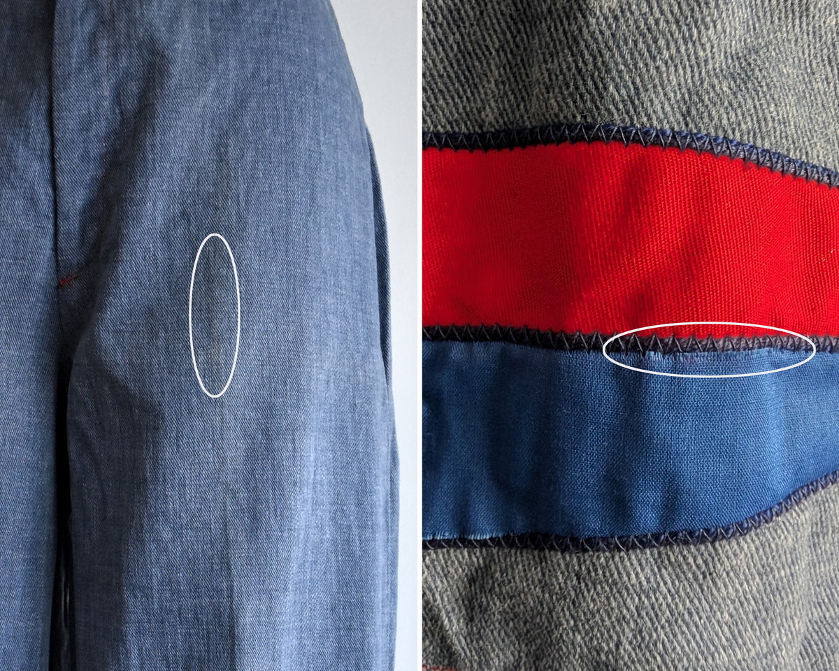 side by side close ups of small flaws which shows a small discolored spot on the left thigh and some fraying on the blue streak on the back pocket.