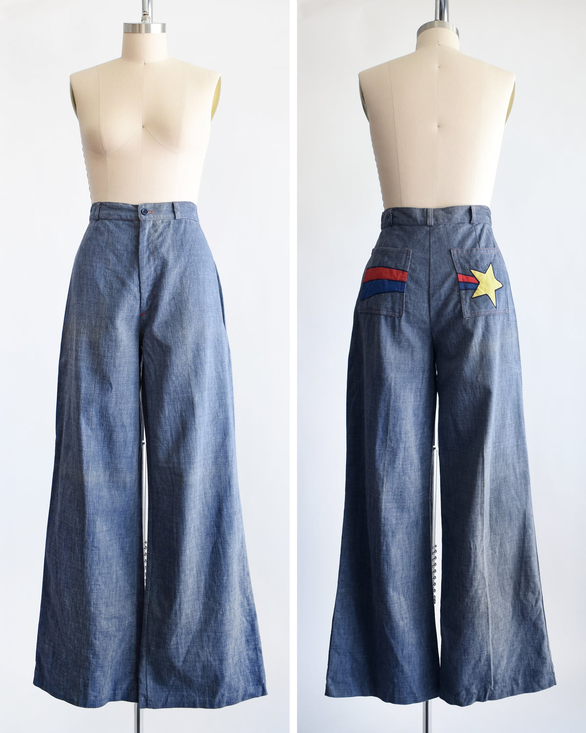 A pair of wide-leg blue denim pants displayed on a mannequin from the front and back. The back features a pocket with a yellow star patch and red and blue stripes.