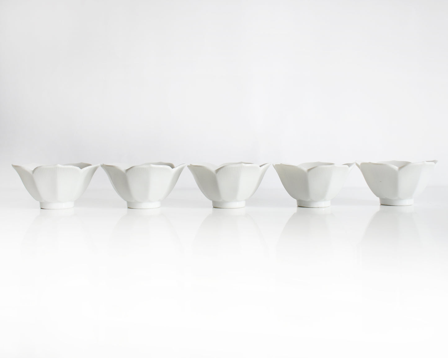 Set of five white ceramic bowls on a white background