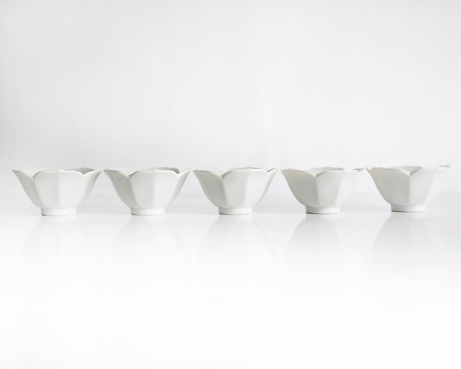 Set of five white ceramic bowls on a white background