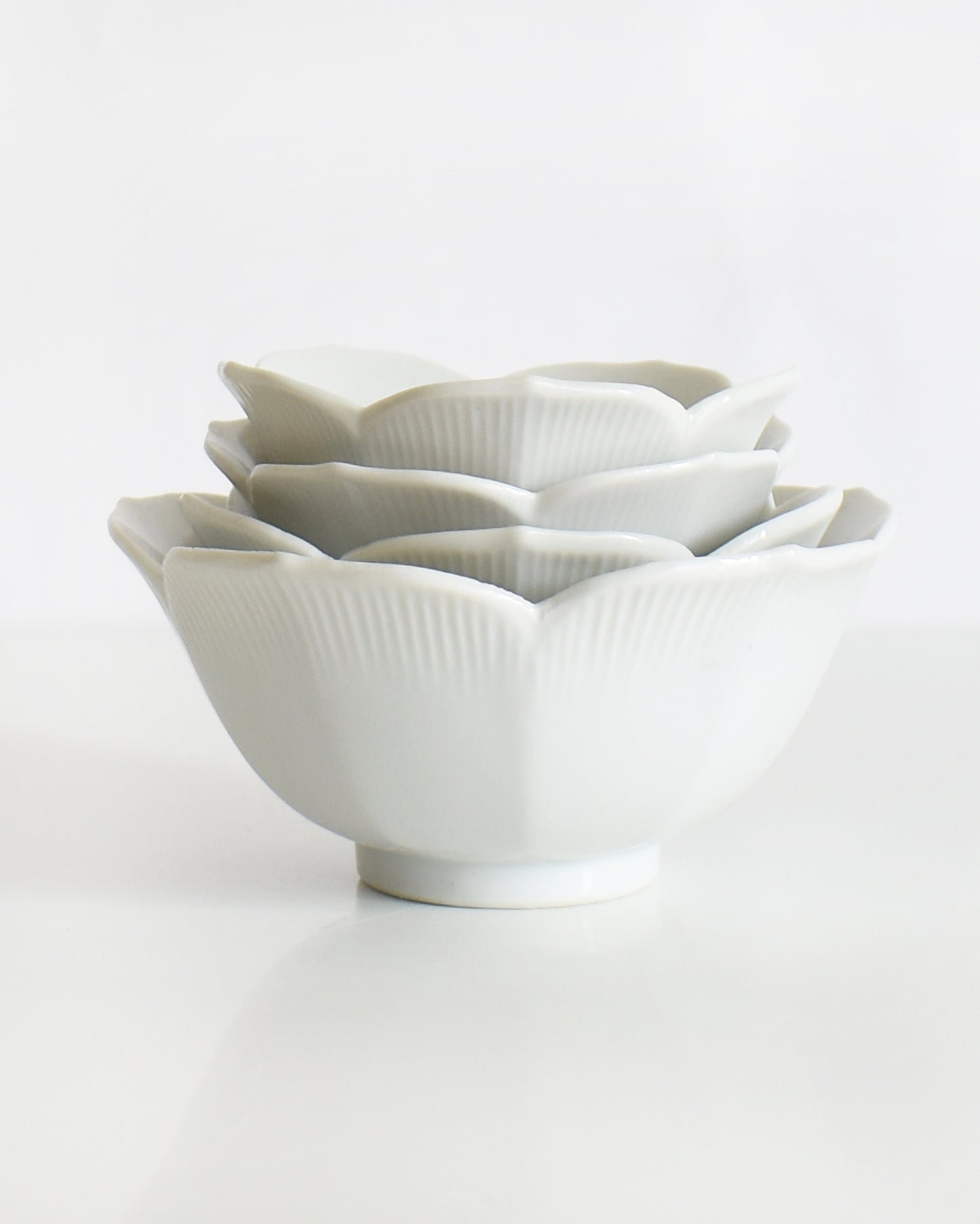 Set of white ceramic bowls on a light gray background