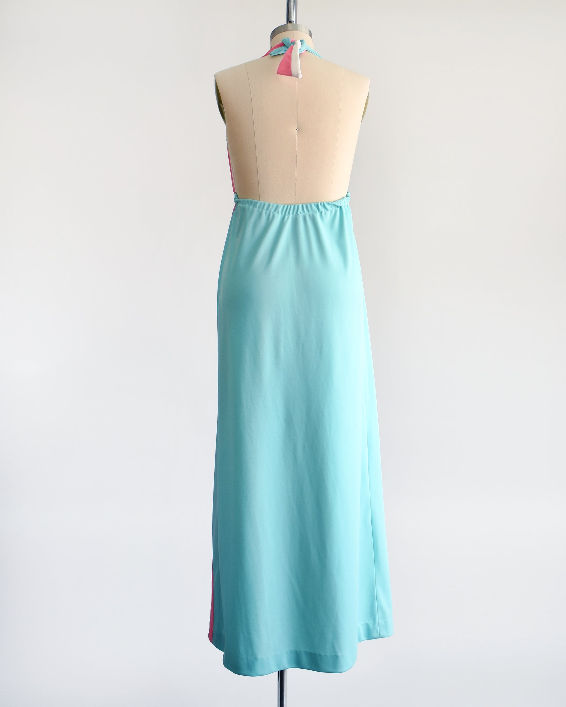Vintage 1970s Deep V Blue and Pink Sunset Halter Maxi Dress | small me Rust Belt Threads Vintage 1970s Deep V Blue and Pink Sunset Halter Maxi Dress | small me Rust Belt Threads
