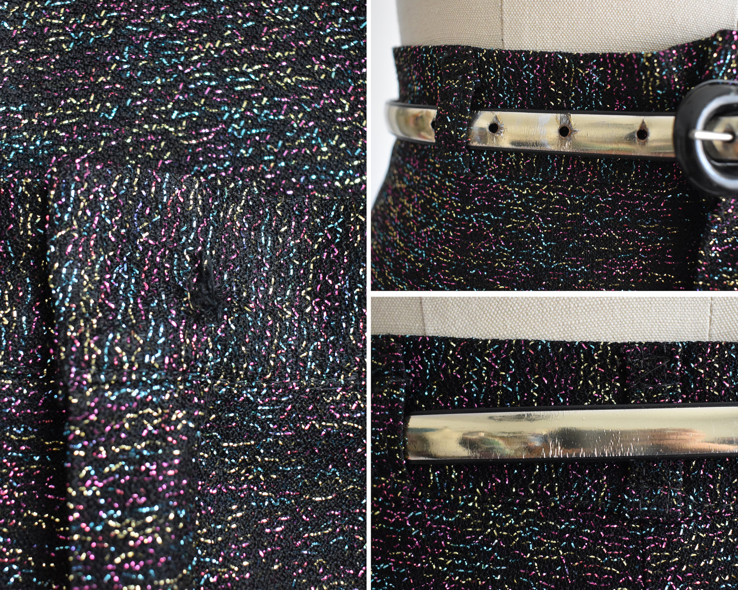 close up of small flaws which include some thread on the waist and some cracking of the belt