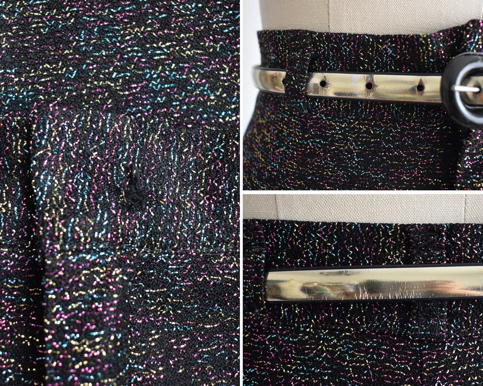 close up of small flaws which include some thread on the waist and some cracking of the belt