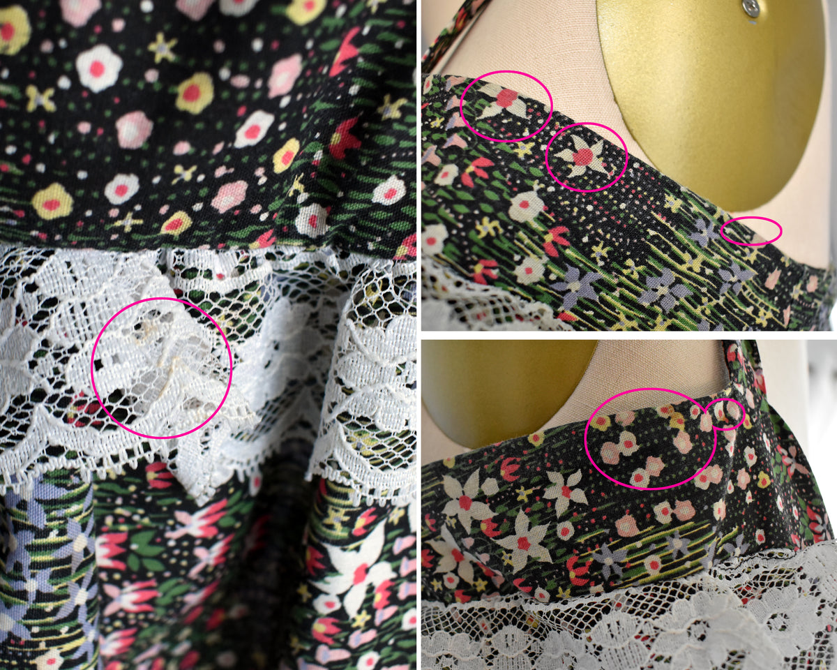 Close-up collage of a garment detail showing a black floral print fabric with white lace, pink and yellow floral accents, and pink circled areas highlighting small flaws like discolored spots  details on a mannequin.