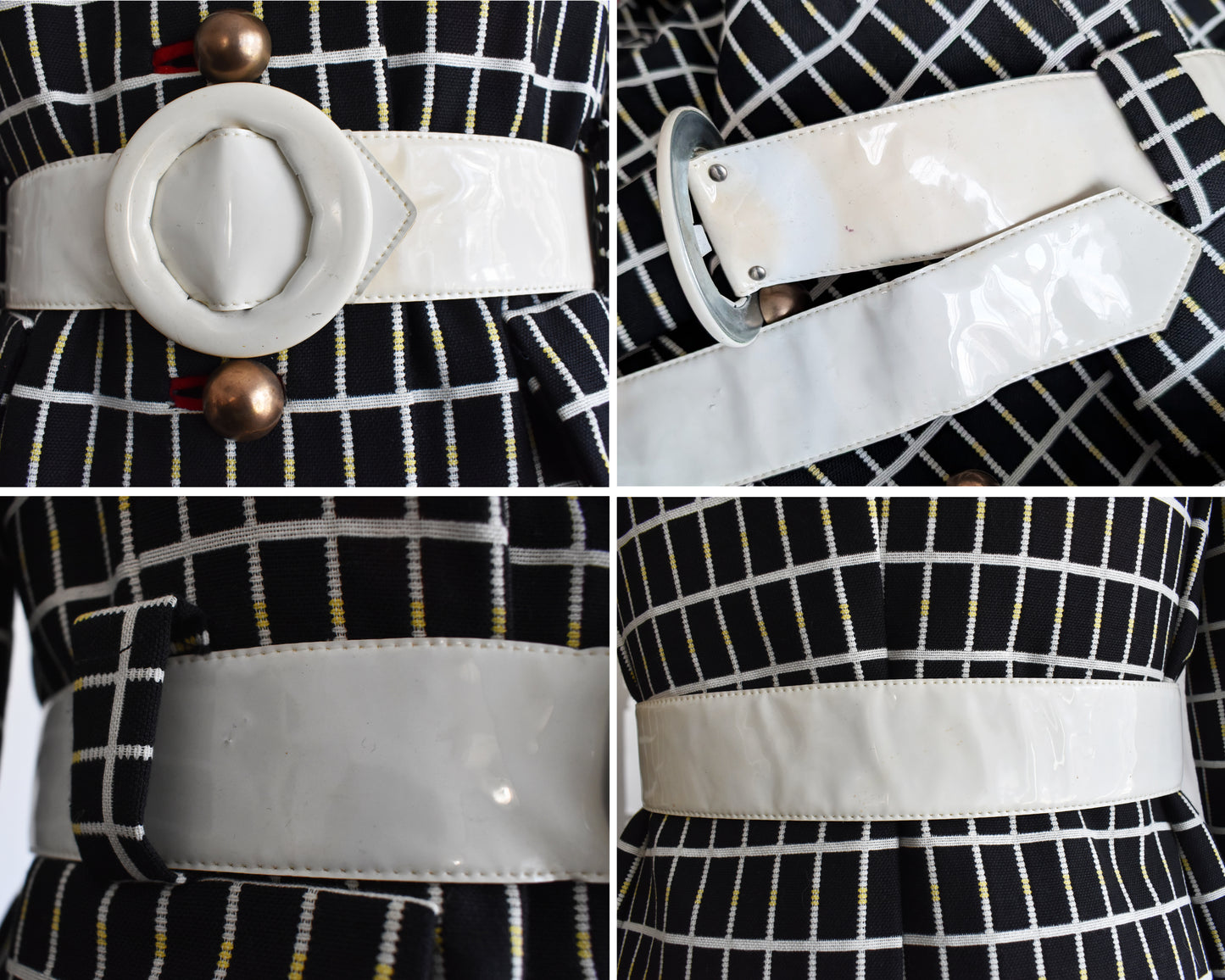 a photo collage of the white belt which shows some flaws of yellowing and surface scratches.