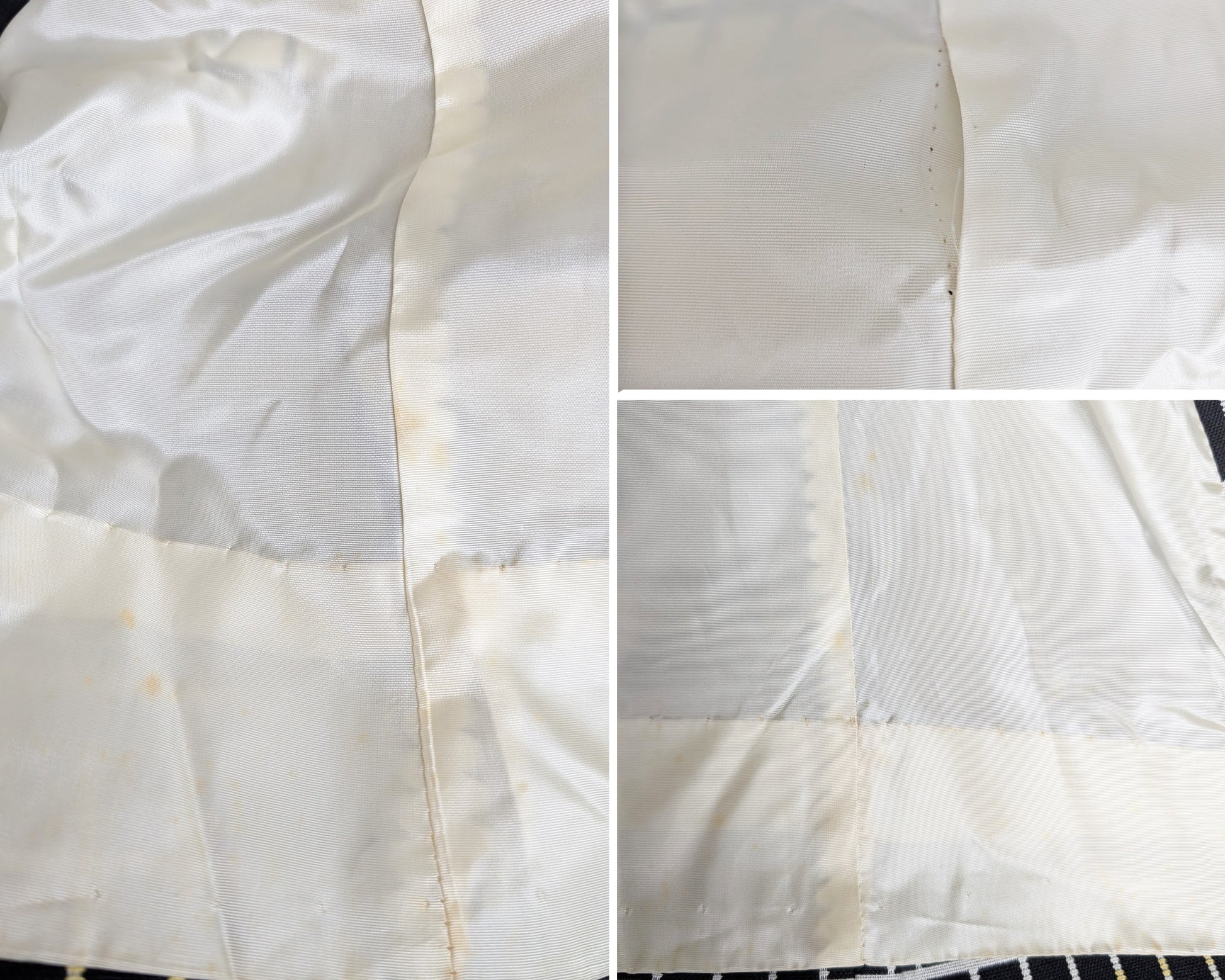 a photo collage of a few flaws on the lining which included some spots and a split seam