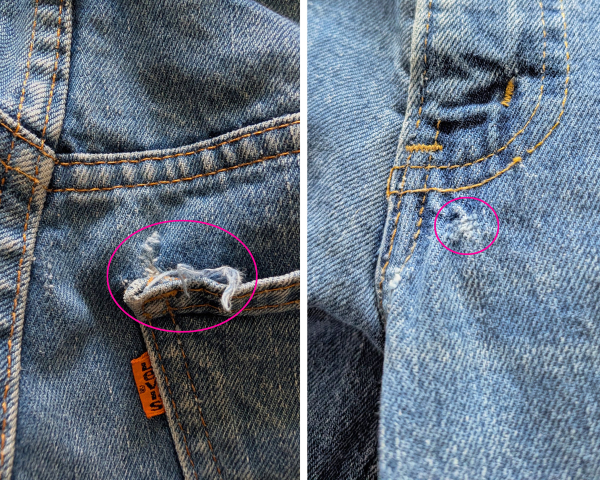 Close-up of the jeans showing a ripped section below the zipper that shows a fray and a small tear on the back pocket highlighted with a pink circle.
