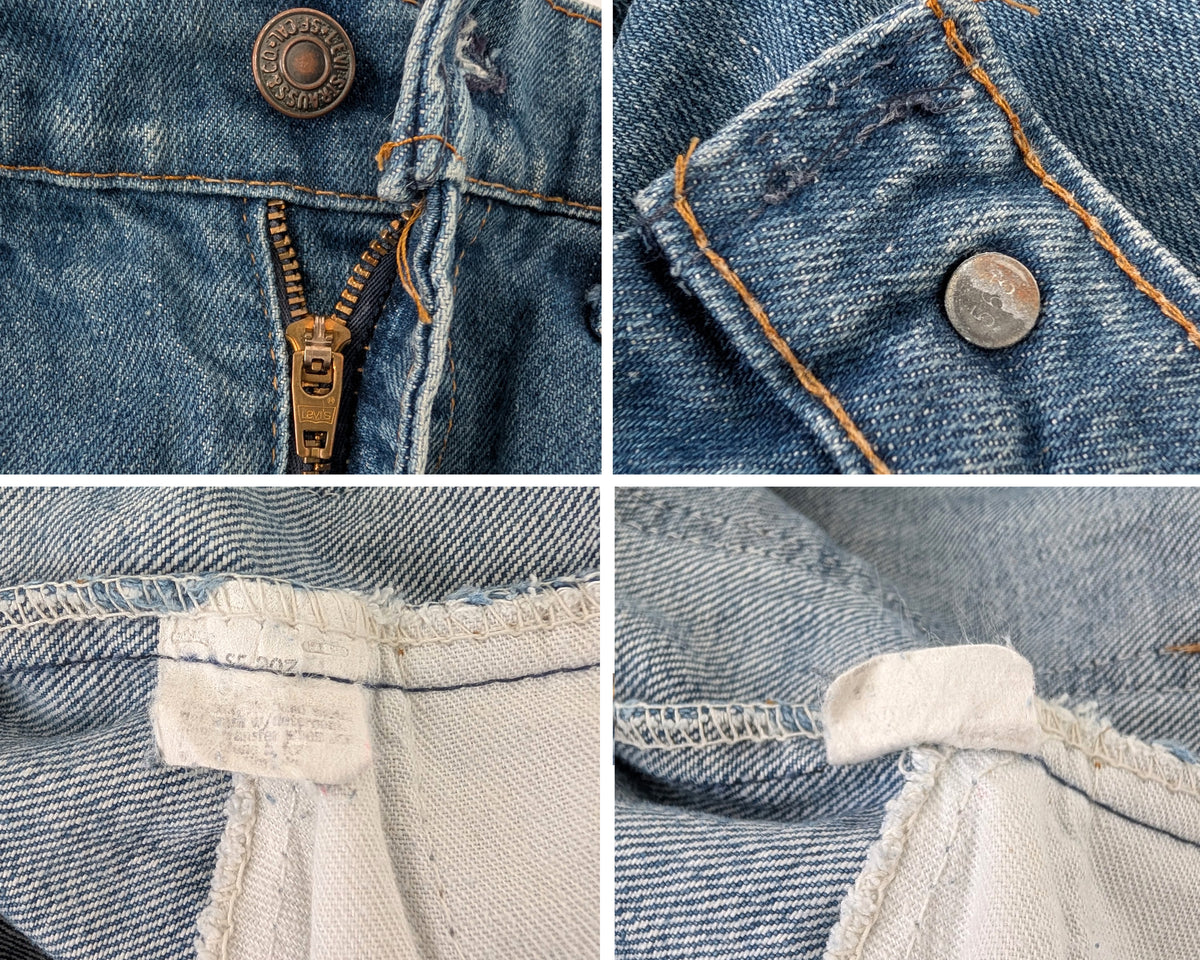 A four-panel close-up collage of a blue denim garment, showing the waistband zipper, button, inner waistband stitching, and interior label area.