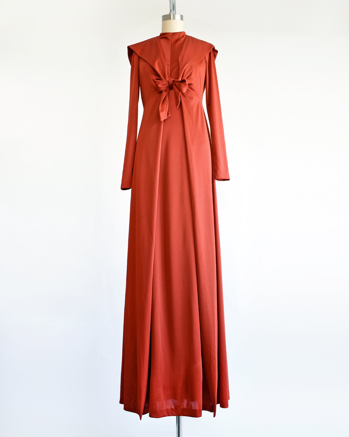 a vintage 1970s rust red hooded maxi dress set