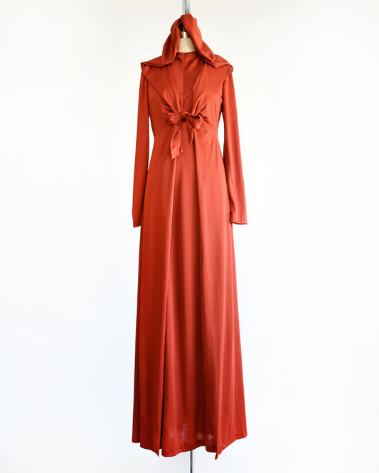 a vintage 1970s rust red hooded maxi dress set