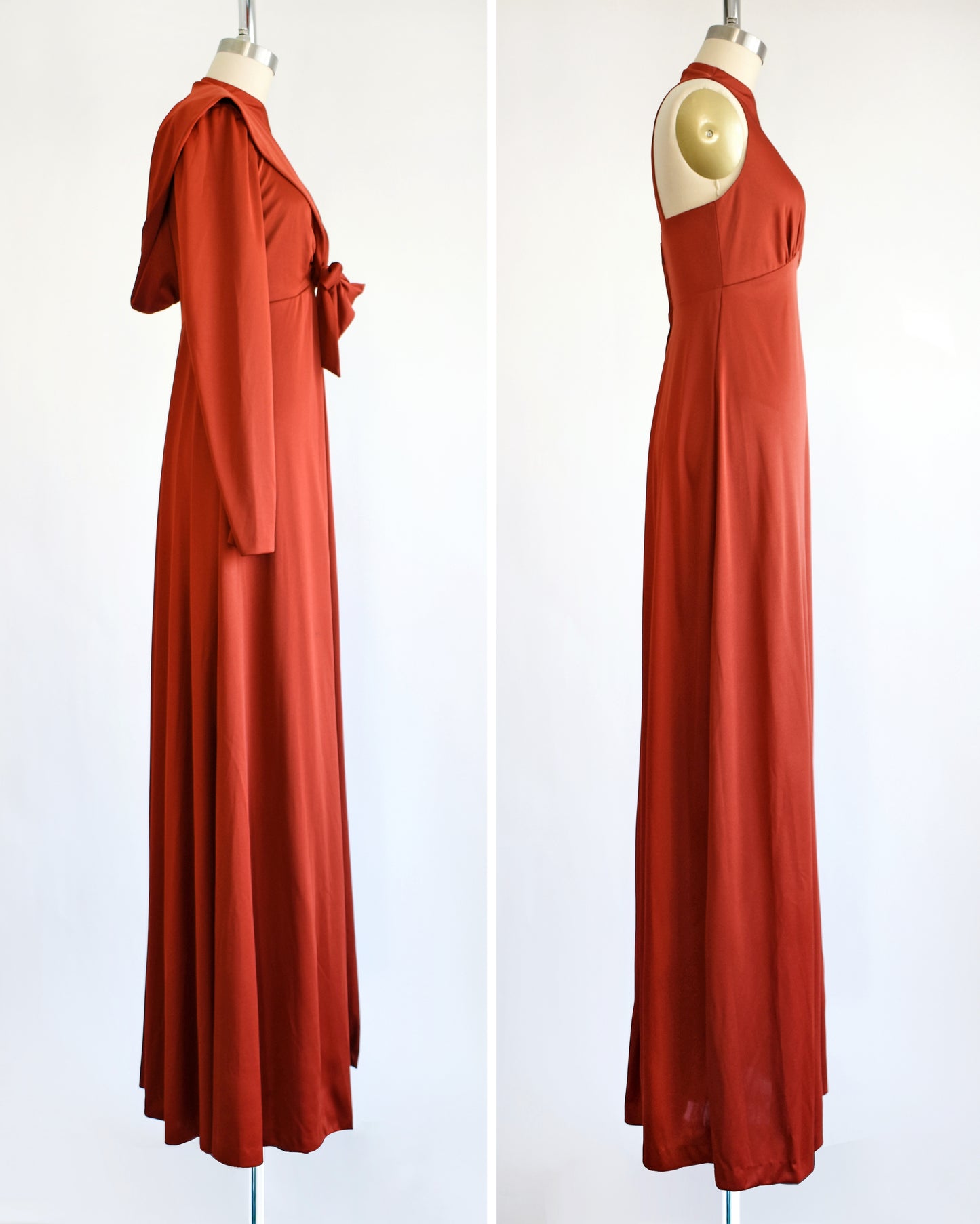 side by side view of a vintage 1970s rust red hooded maxi dress set. the duster jacket is on in the left photo