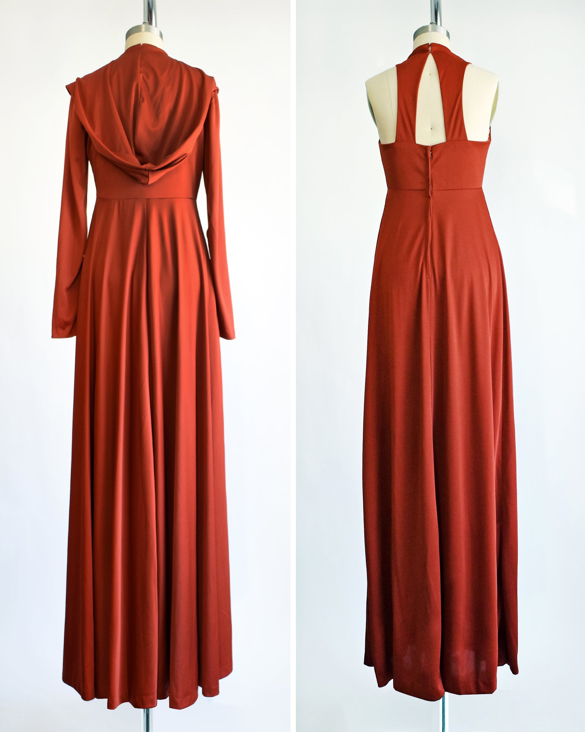 side by side back view of a vintage 1970s rust red hooded maxi dress set. the duster jacket is on in the left photo