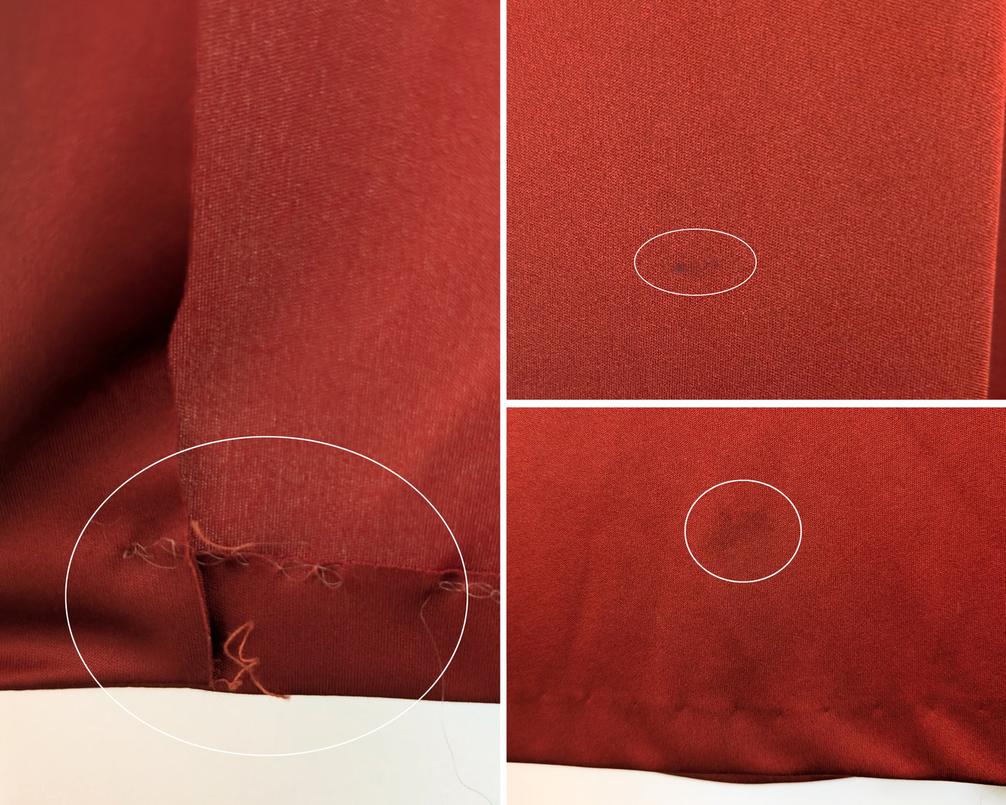 a photo collage of small flaws including some unraveling on the hem on the duster, and some spots that didn't come out during cleaning on the duster.