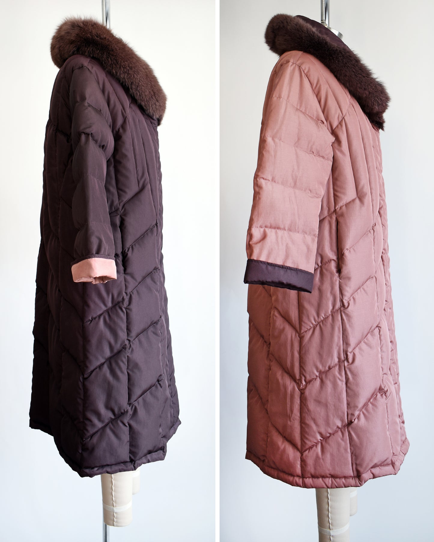 side by side view of a vintage 1980s purple quilted puffer reversible coat with purple faux fur trim. the left photo shows the dark purple side, while the right shows the mauve side