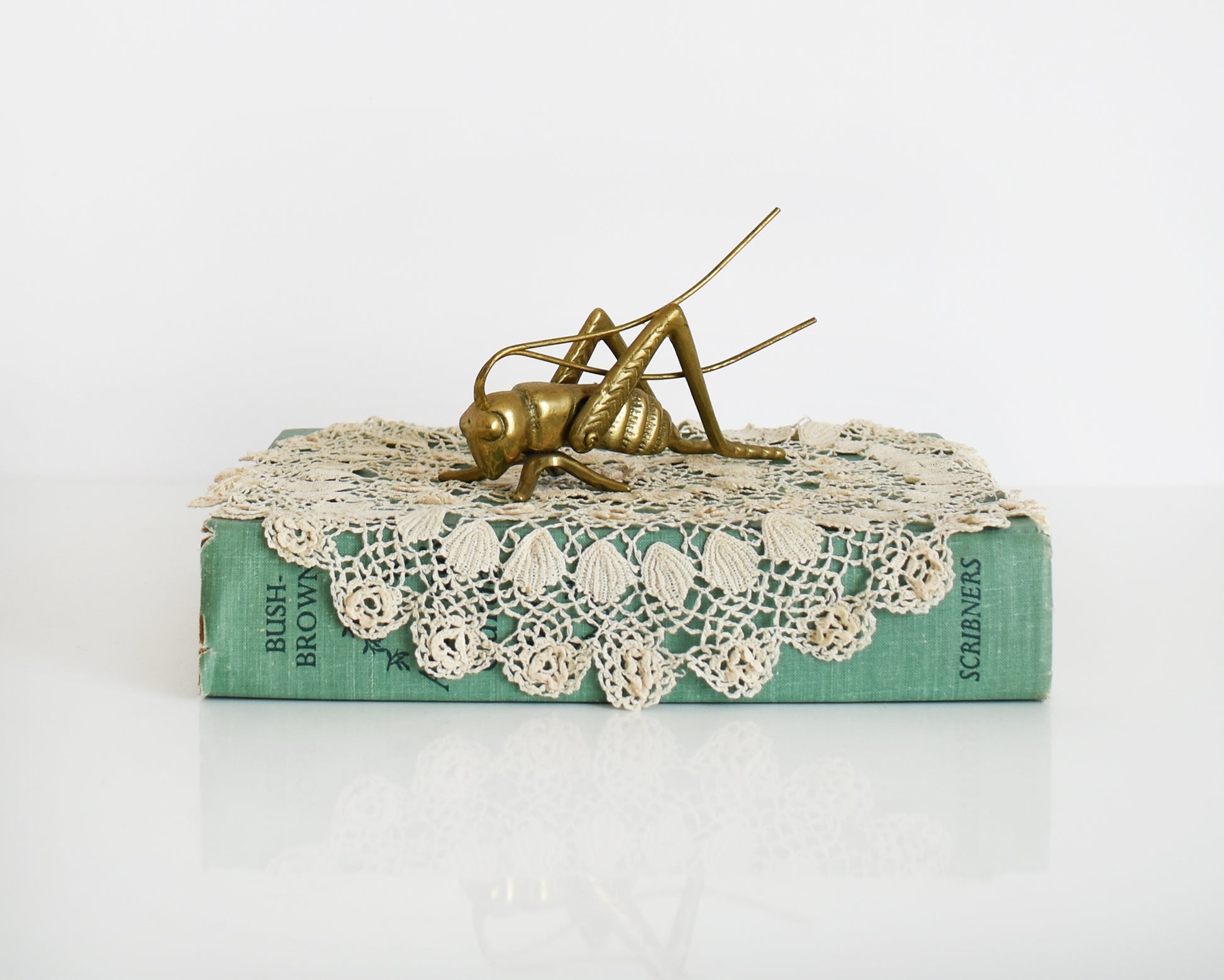 A vintage brass grasshopper/cricket on a lace doily on a green book.