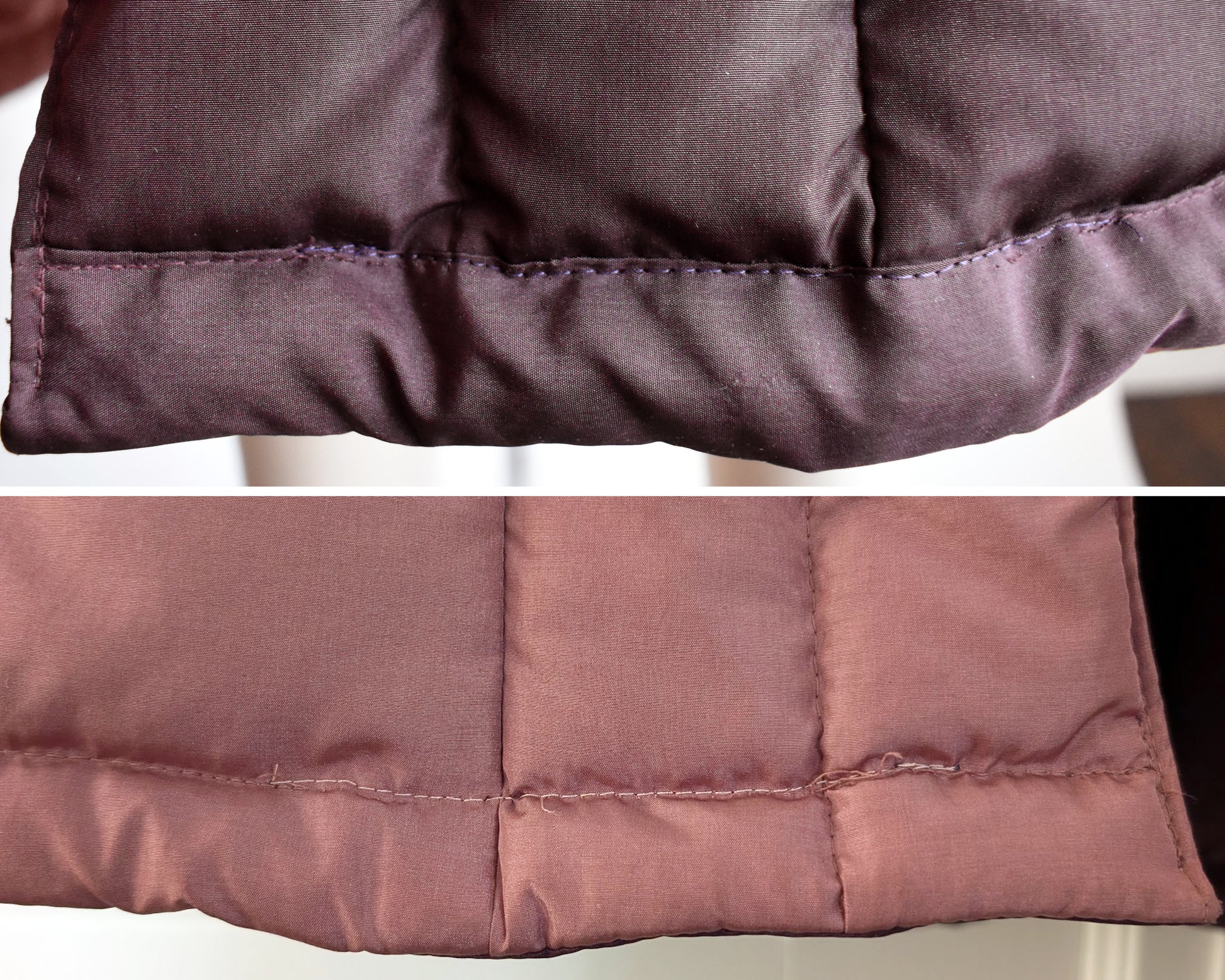 side by side of a small flaw on the hem of the coat which shows different colored stitching