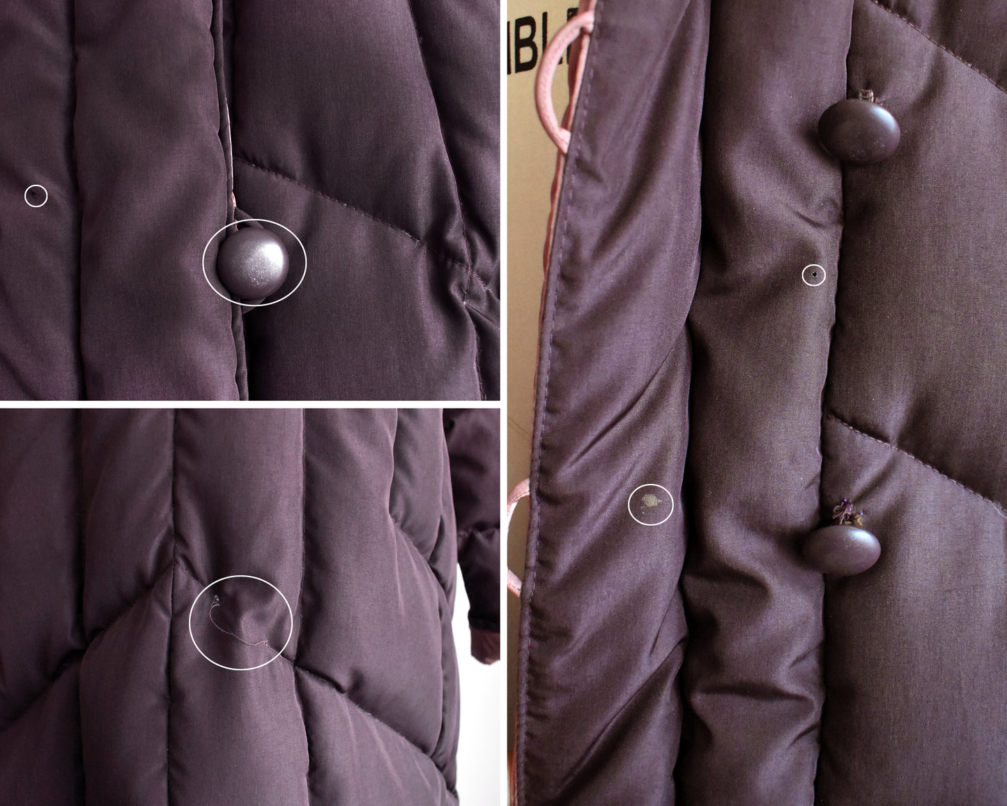 a photo collage of small flaws which shows small holes, scuffed buttons, loose thread on the back, and a light stain on the coat that didn't come out during cleaning.