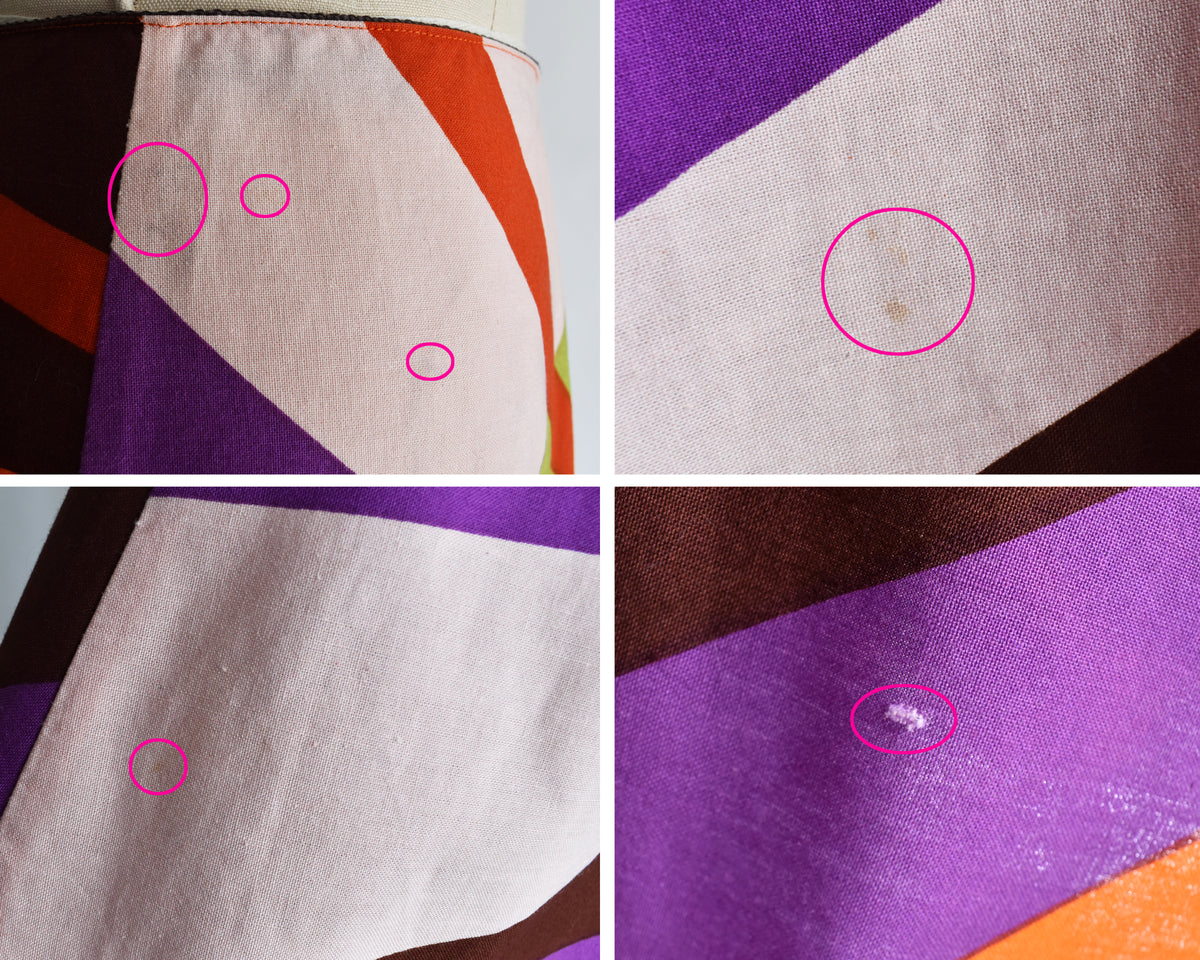 Four-panel close-up collage of the skirt, with pink circles highlighting stains or marks on the fabric.