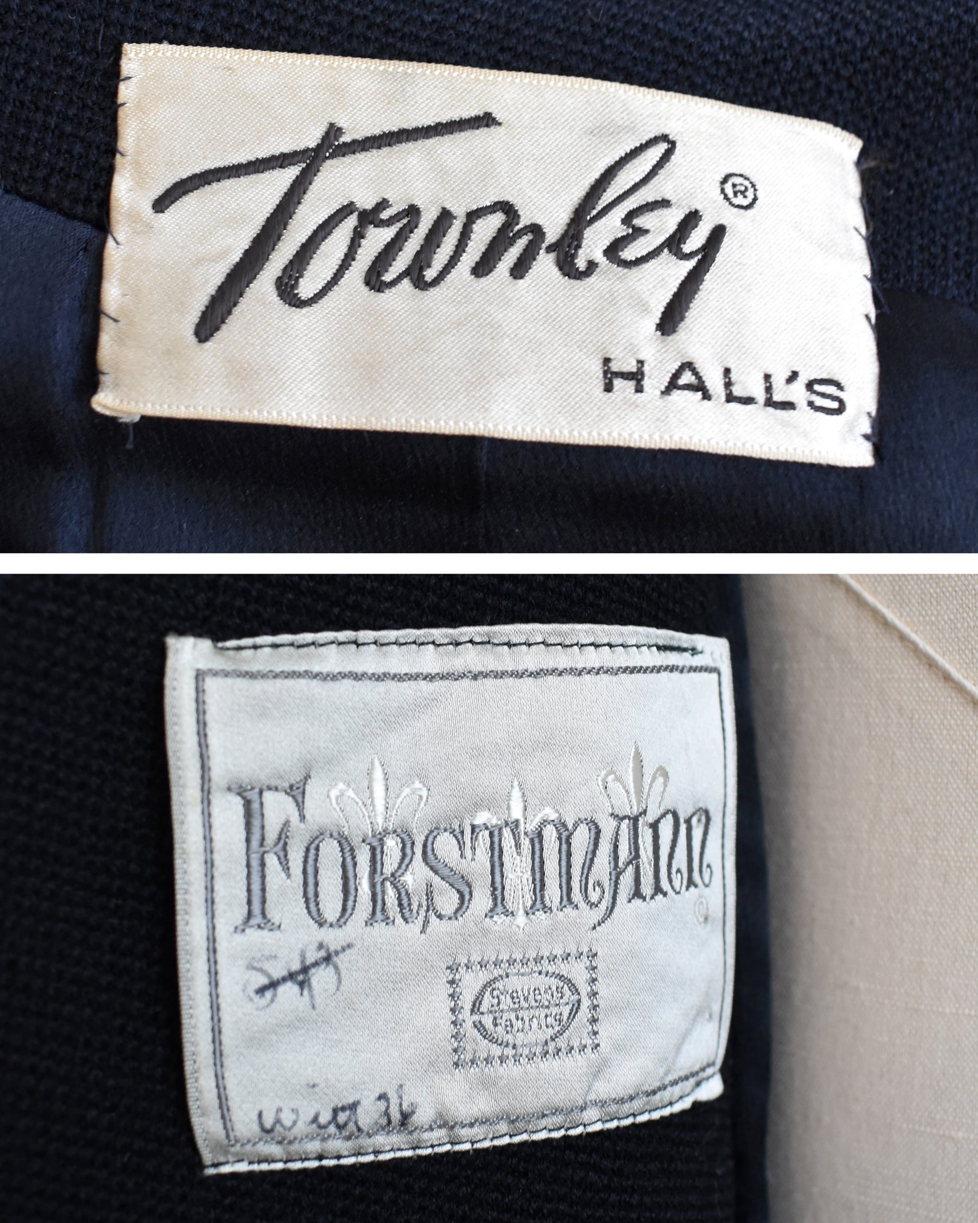 Two clothing labels from Townley Hall's and Forstmann on a dark fabric background.