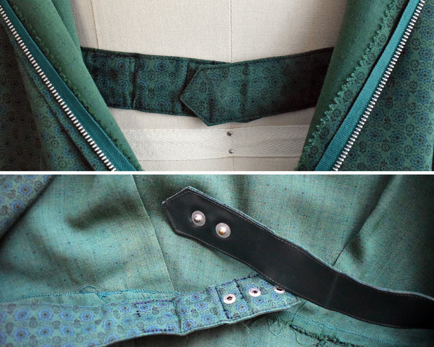 close up of the inside part of the belt on a vintage late 1950s early 1960s green floral wiggle dress 