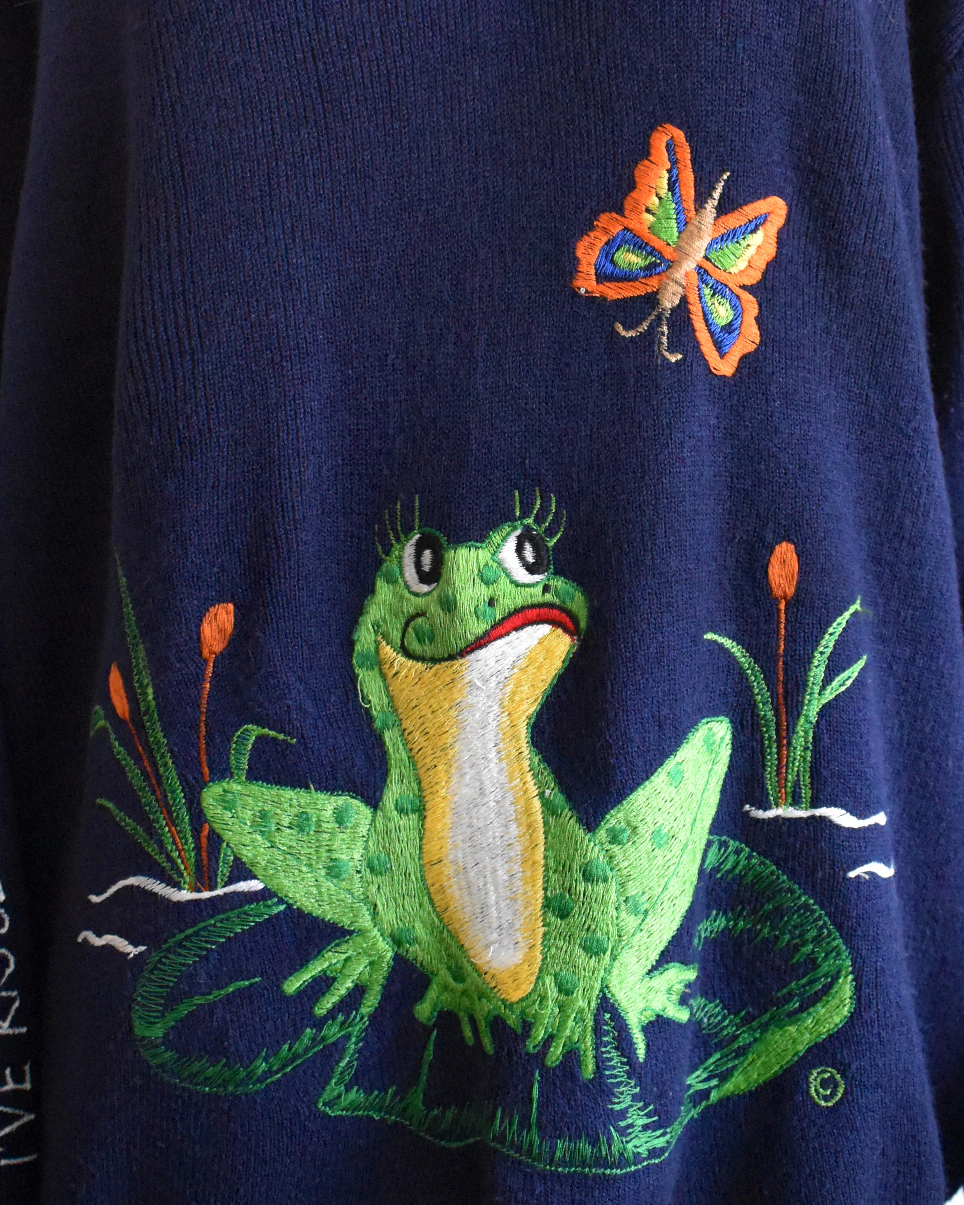 close up of the embroidered frog and butterfly on the front of the sweater