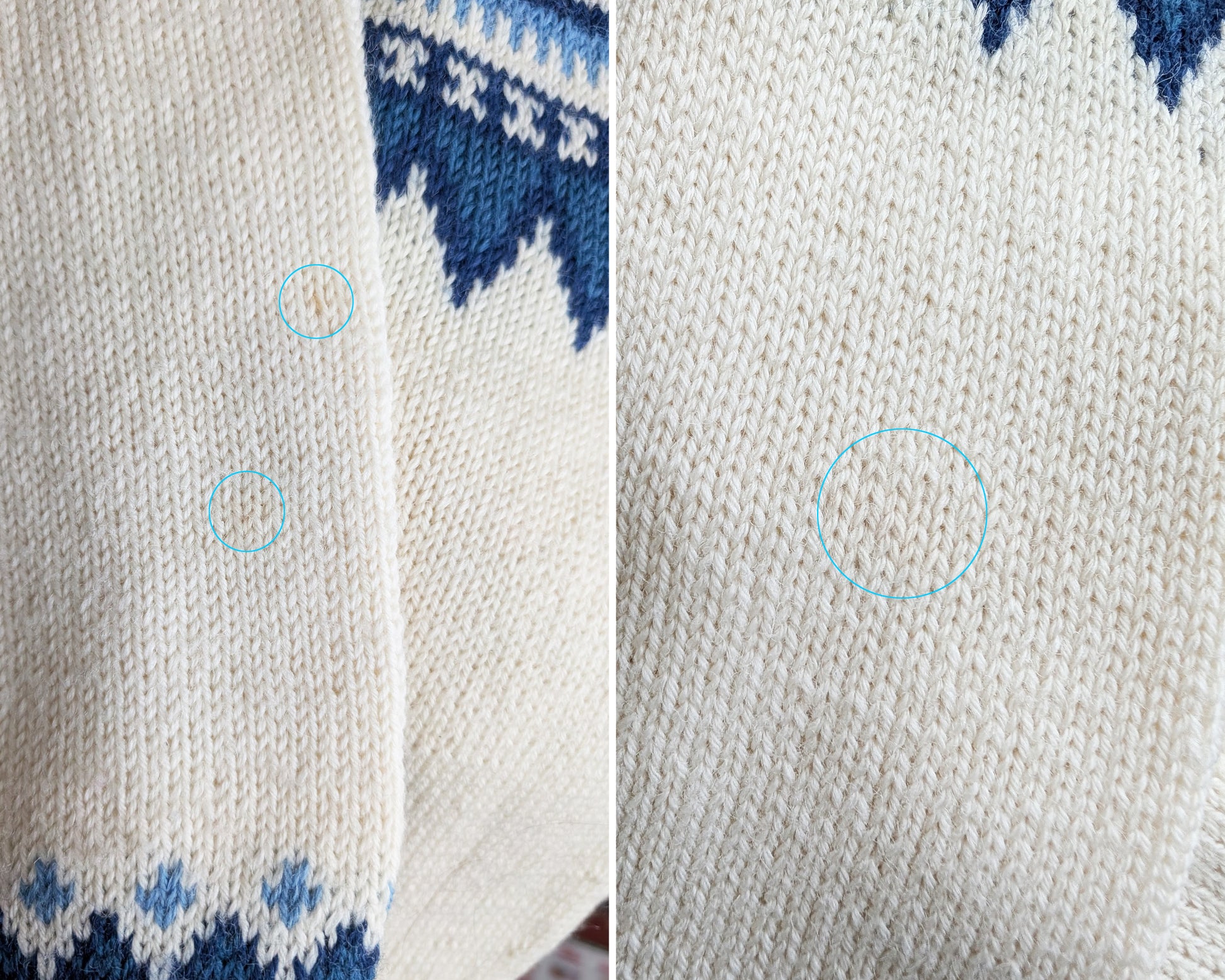 a photo collage of small flaws which show a few faint spots circled in blue.