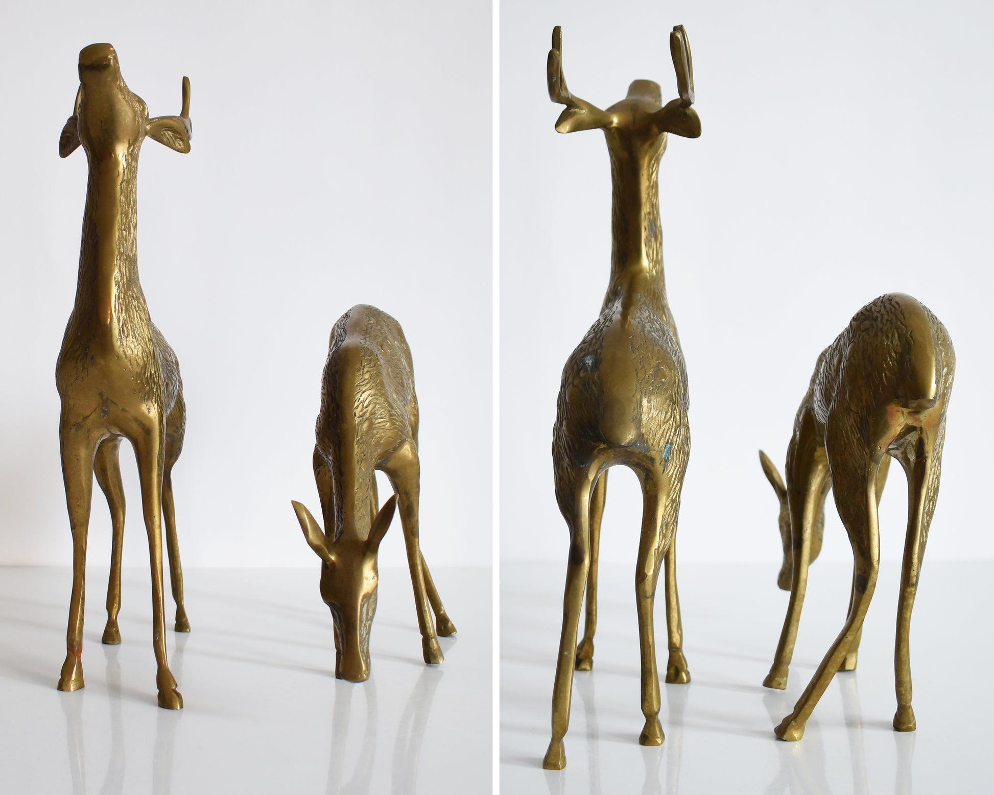 Side by side views of the front and back of the two brass deer